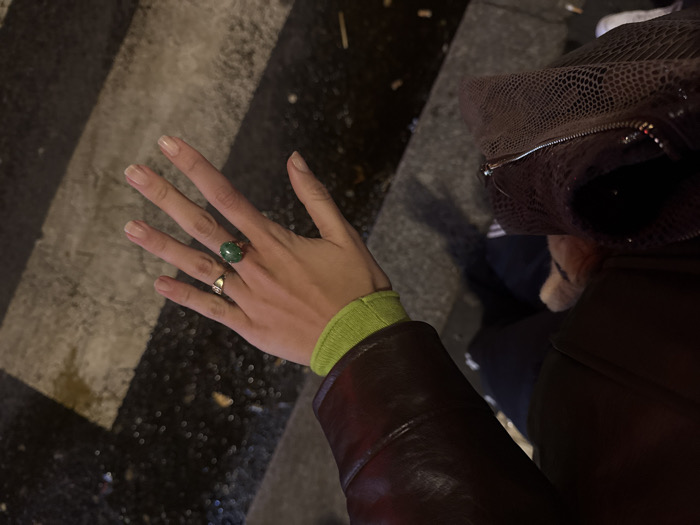 A hand with manicured nails displays two rings, one with a large green stone and another with smaller stones, resting on a black and white striped surface. The person is wearing a brown leather jacket with a neon green sleeve cuff. Beside the hand, a brown snakeskin purse and dark pants are visible. The background is slightly out of focus, suggesting an outdoor setting.