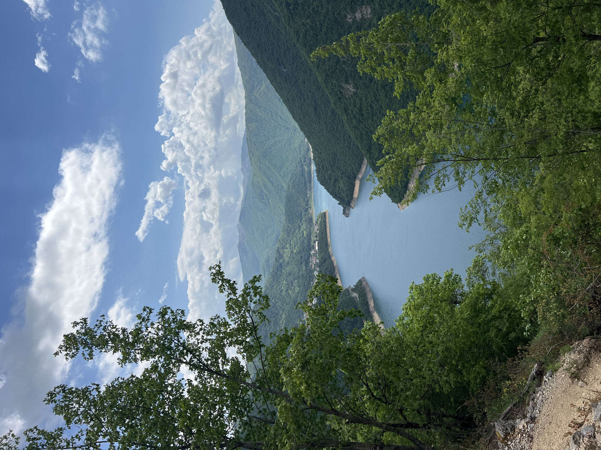 The image shows a panoramic view of the Piva Lake, taken from a high vantage point in Plužine, Montenegro. The lake is surrounded by steep, green mountains. The sky is blue with white clouds. Trees are visible in the foreground. The composition suggests a natural landscape setting.
