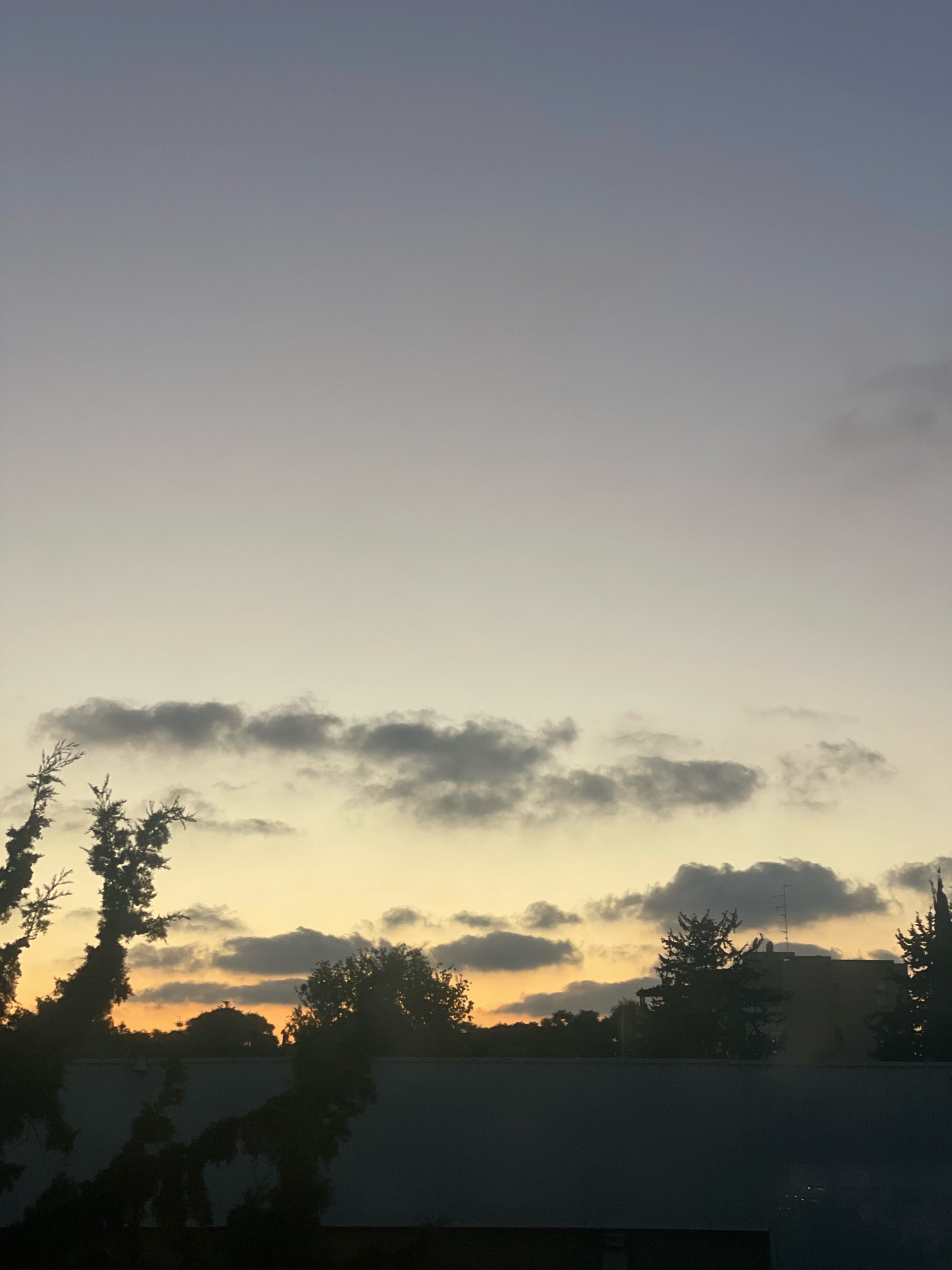This image captures a sunset scene in Raanana, Israel. The sky transitions from a pale blue at the top to a soft yellow and orange near the horizon, with scattered dark clouds. Silhouetted against the vibrant sky are the tops of trees and a building with an antenna. In the foreground, a dark, textured surface, possibly a rooftop or balcony railing, spans the bottom of the frame. The overall impression is of a quiet, urban evening.