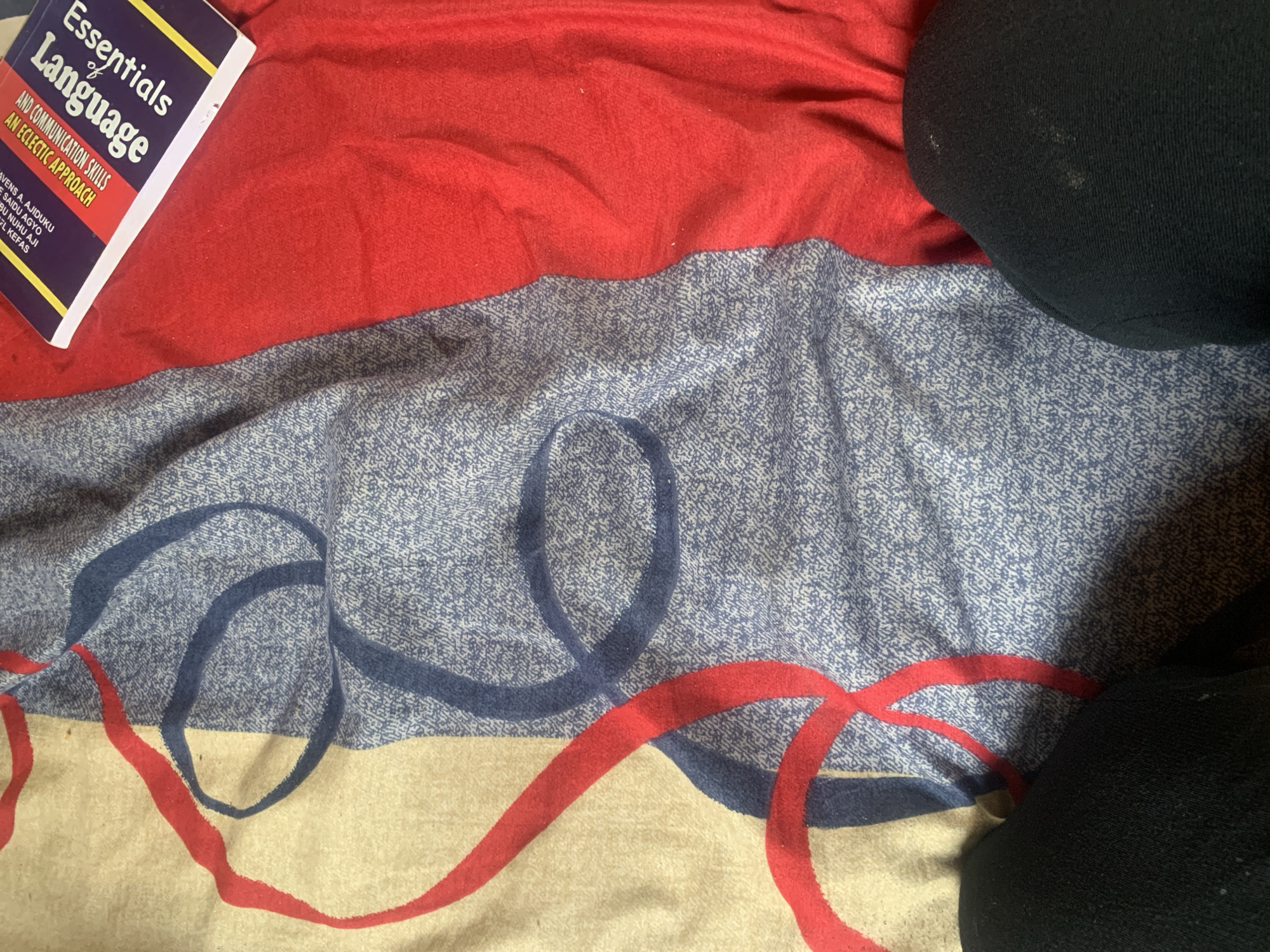 The image shows a book titled "Essentials of Language and Communication Skills: An Eclectic Approach" lying on a red fabric. The book is partially open, with its cover facing up. The background consists of a patterned fabric with blue and red swirls on a beige base, and a plain red fabric. The bottom of the image shows two black legs wearing dark leggings, positioned as if someone is sitting or lying down. The scene appears to be indoors, on what looks like a bed or sofa, and there is no indication of the city of Jauro Yinu, Nigeria, or any specific location details.