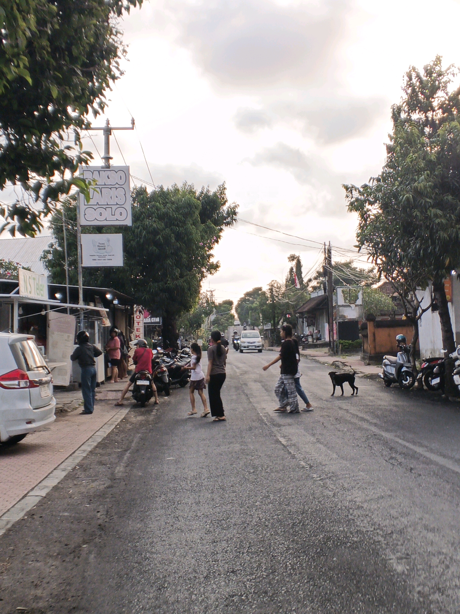 This image captures a street scene in Sukawati, Indonesia, with a focus on daily life. A white car is parked on the left side of the asphalt road. Several people are visible on the sidewalk and in the road. One person in a black shirt and blue jeans stands near a food stall. Further down the street, a group of individuals are gathered near motorbikes. Two people, a child in a white shirt and brown skirt and a person in a dark shirt and black pants, are walking across the road. A black dog is also present in the road, near the group of pedestrians. In the background, there are shops with signs, including one that reads "BAKSO PARIS SOLO." Trees line the street, and the sky is overcast. The overall impression is of a bustling local street in a tropical setting.