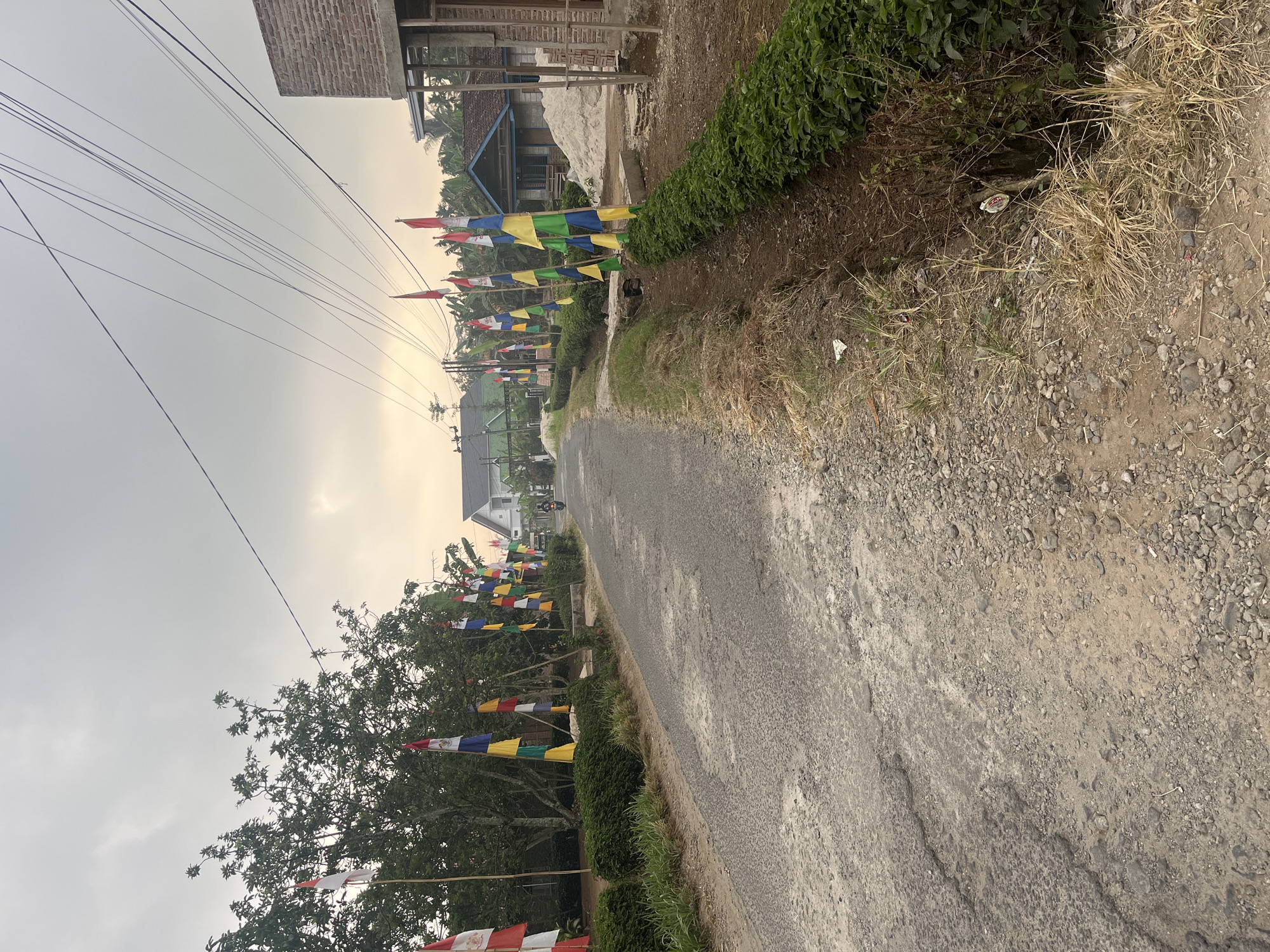 The image depicts a narrow, unpaved road in Margodadi, Indonesia, lined with numerous colorful flags. The flags are striped in red, white, blue, yellow, and green, and are mounted on poles along both sides of the road. The road itself appears worn and textured, with patches of gravel and some uneven surfaces. Lush green vegetation flanks the road on the right side, with a small ditch running parallel to it. On the left side, trees and hedges are visible. In the background, houses with tiled roofs and some construction activity are present. Power lines stretch across the sky. A single motorcycle is visible in the distance, traveling down the road. The sky is overcast with diffused light, suggesting it may be early morning or late afternoon.