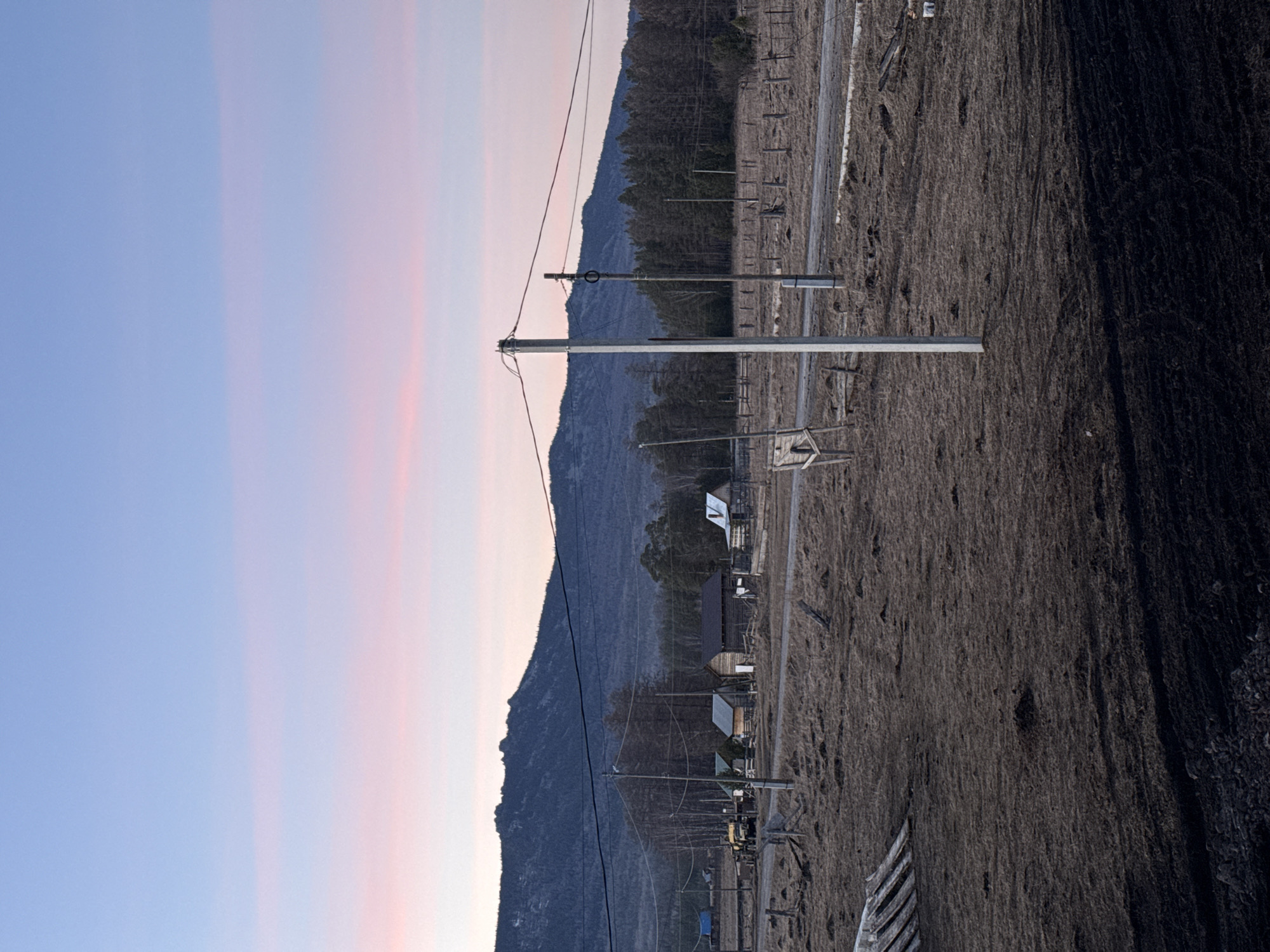The image depicts a rural landscape in Tyulyuk, Russia. In the foreground, dry, brown vegetation dominates the scene, transitioning to a darker area on the right. A series of wooden and metal utility poles with wires stretch across the frame, leading towards a cluster of buildings that suggest a small village or settlement. Behind the village, a densely forested hillside rises, forming a backdrop. In the distance, a mountain ridge is visible. The sky is pale blue with streaks of pink, suggesting either dawn or dusk.