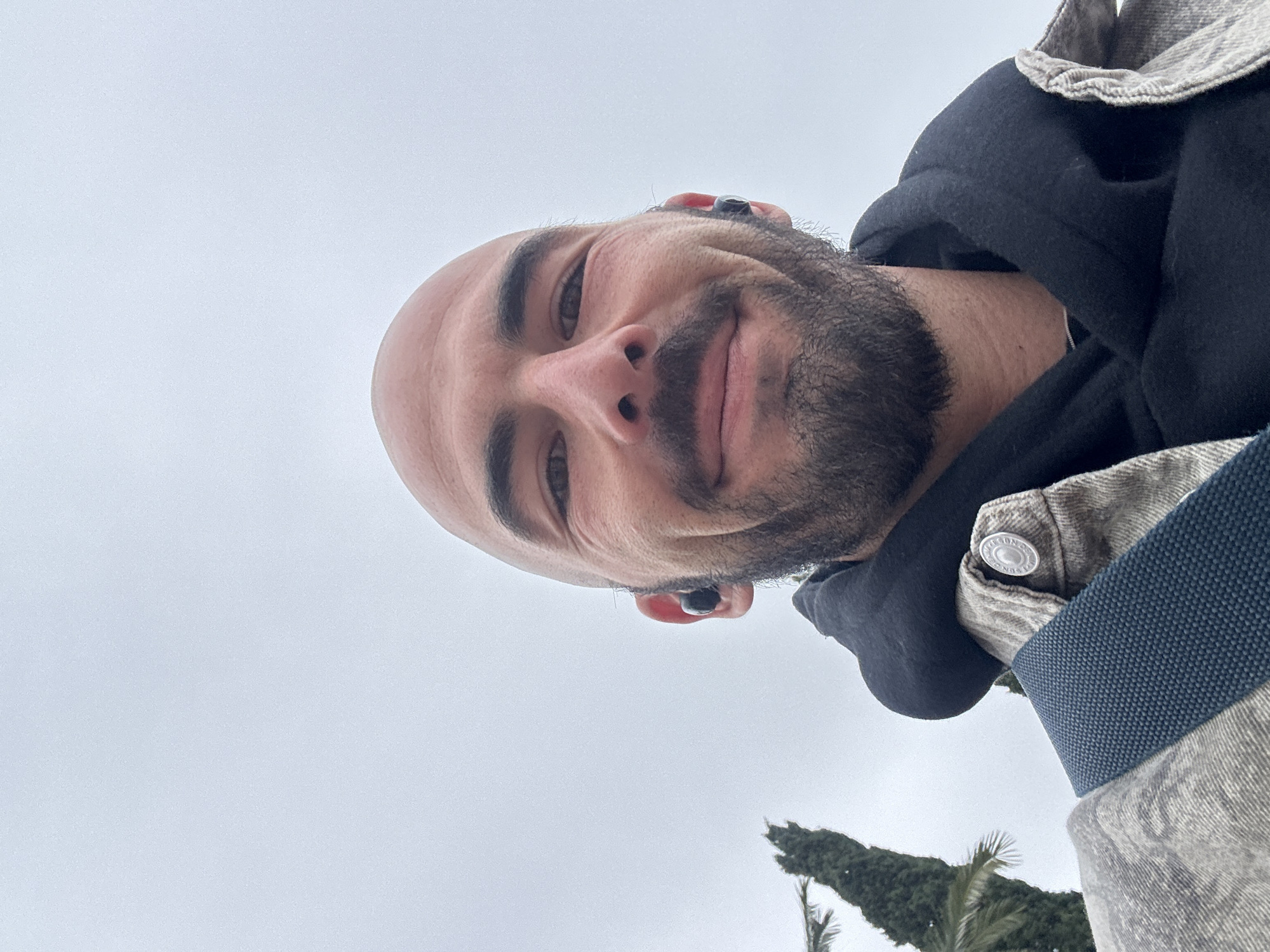 A low-angle selfie of a bald man with a dark beard, wearing a black hoodie under a light-colored jacket. The sky is overcast. A coniferous tree and palm fronds are visible in the lower right corner. The location is potentially in Budva, Montenegro, but there is not enough detail to confirm.