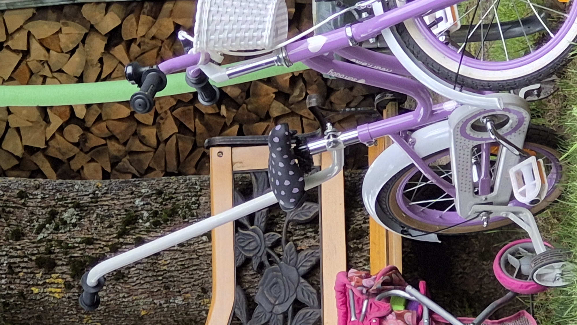 This is a medium shot, eye-level, outdoor photograph taken in Švenčionys, Lithuania. The scene focuses on a purple bicycle, which is the primary subject. The bicycle is parked on grass in front of a wooden bench carved with rose motifs and a stack of firewood. A tree trunk is visible to the left of the bench. The bicycle has a white push handle attached to the seat, a white basket on the handlebars, and a white heart decal on the frame. A small pink child's stroller is partially visible to the left of the bicycle. The background consists of the carved bench, firewood, and the tree trunk. The lighting suggests it is daytime.