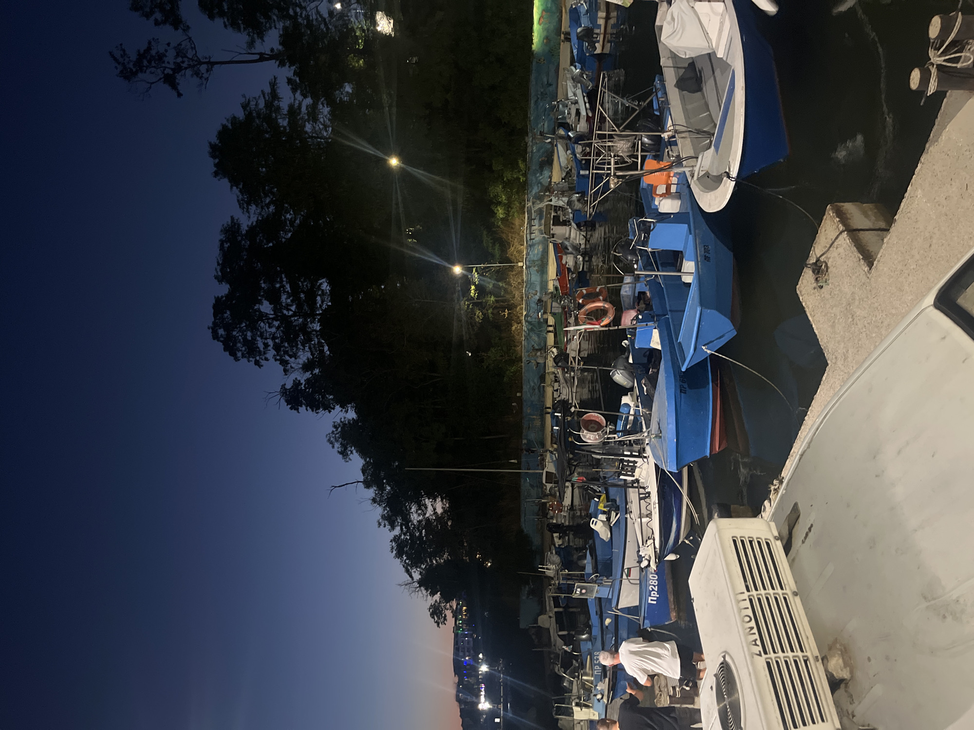 At dusk in Primorsko, Bulgaria, a harbor is filled with numerous small blue fishing boats docked side-by-side. Two men stand on the dock near the foreground, one in a black t-shirt and the other in a white t-shirt, their backs partially to the camera. A white air conditioning unit, branded "ZANOTTI," is mounted on a white boat in the immediate foreground. The water is calm, reflecting the dim light from the sky and scattered artificial lights. Behind the boats, a low wall with a mural is visible, and further back, a dense line of trees and foliage forms the backdrop, with lights from buildings suggesting the town extends beyond the harbor. The sky transitions from a deep blue at the top to a lighter hue near the horizon.