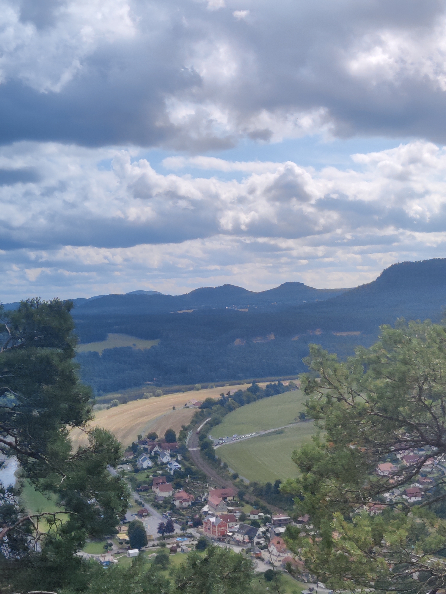 This is a high-angle, outdoor, medium shot of the Saxon Switzerland National Park, with a view overlooking the town of Lohmen, Germany. The sky is filled with dramatic, gray and white clouds, with patches of blue visible between them. In the foreground, the branches of pine trees frame the scene, with their needles casting shadows on the landscape below. The middle ground features a valley with a winding road, fields of golden-brown crops, and a small village of red-roofed houses. In the background, rolling hills covered in dark green forests recede into the distance, their peaks softened by the atmospheric haze. The overall impression is one of natural beauty and a sense of remoteness, despite the presence of human settlement.