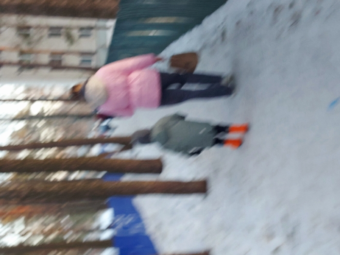 A motion-blurred image captured in Chaikovsky, Russia, depicts two individuals walking away from the camera on a snow-covered path. The scene is set outdoors amidst numerous tall, thin tree trunks, suggestive of a park or wooded area. An adult, identified by a pink winter jacket with a light-colored hood trim and dark trousers, is walking on the right, carrying a brown bag in their right hand. To the adult's left and slightly ahead, a child walks, clad in a grey-green winter coat/suit, dark gloves, and distinctive bright orange boots. The path is bordered by fences; a blue fence runs along the left side, and a greenish fence lines the right. In the far background, a multi-story building with visible windows can be discerned through the trees. The ground is uniformly covered in snow, indicating winter conditions.