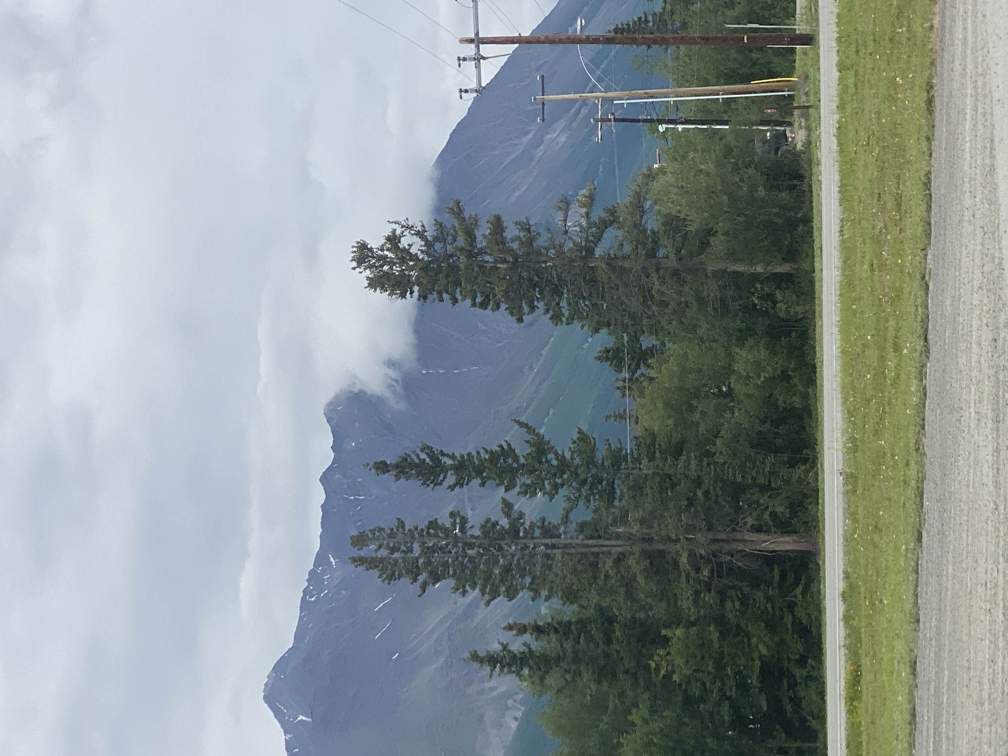 This is an outdoor, eye-level, medium shot of a mountain range in Haines Junction, Canada. The sky is overcast and there are clouds covering parts of the mountains. The mountains are steep and rocky, with some snow visible on the peaks. In the foreground, there is a line of pine trees, with some smaller trees and brush in between. There is a road running horizontally across the bottom of the image, and a grassy area between the road and the trees. There are also several utility poles and wires visible on the right side of the image.