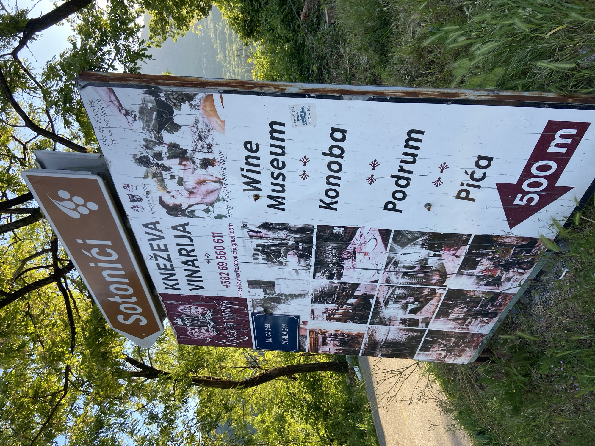 The image shows a weathered sign directing people to "Kneževa Vinarija" (Kneževa Winery) in Sotonići, Montenegro. The sign is positioned outdoors, near a road and surrounded by greenery. It indicates that the winery is 500 meters away. The sign also mentions a "Wine Museum," "Konoba" (tavern), "Podrum" (cellar), and "Pića" (drinks). Contact information, including a phone number (+382 69 560 611) and email address (knezevavinarija.sotonici@gmail.com), is displayed on the sign. The street address "ULICA 244 / УЛИЦА 244" is also visible. The sign features images related to winemaking, alongside a sticker with the phone number 069/287-627, and the text "SLEP STUŽBÁ SRDAN".