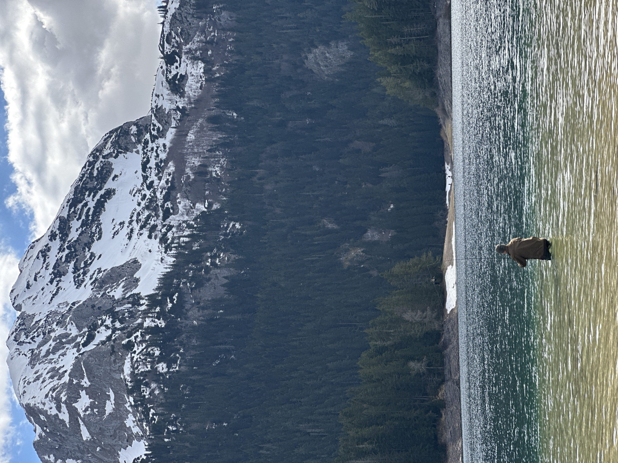 The image depicts a mountainous landscape in Pitomine, Montenegro, with a person standing in a body of water. A large mountain with snow-covered patches dominates the left side of the frame, while a dense forest covers the lower slopes. The water stretches to the right edge of the image, with the person standing waist-deep. The individual is wearing a dark jacket. The overall scene suggests a serene natural environment with someone engaged in an activity within the water.