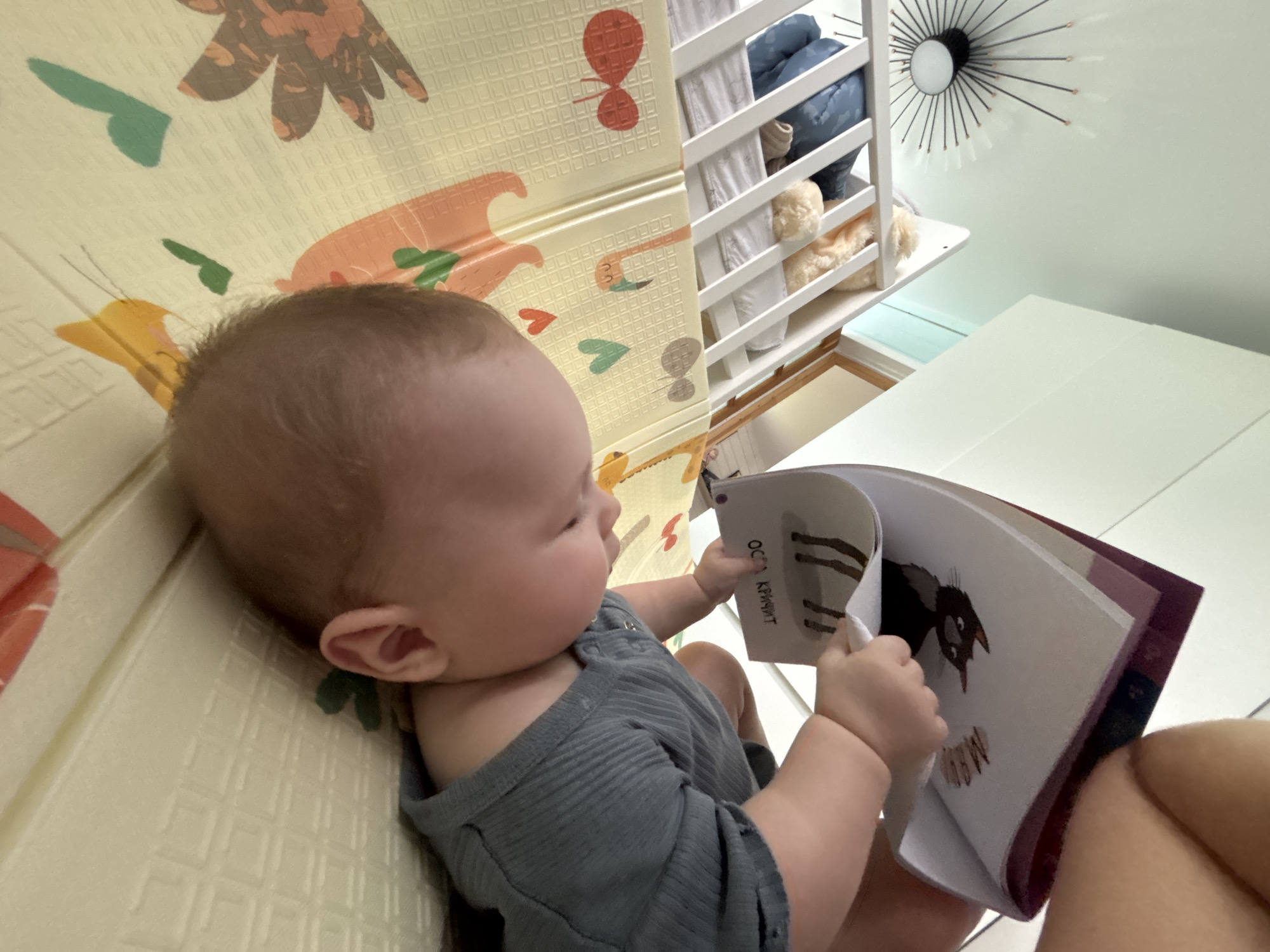 An infant with light brown hair, wearing a gray-blue ribbed one-piece outfit, is seated, likely on an adult's lap or next to them, and is intently looking at a children's book. The baby's hands are holding the book open. The book displays a black cat illustration on the right page, with the Cyrillic word "МЯУ" (Meow) printed below it. On the left page, also in Cyrillic, the text "ОСА КРИЧИТ" (Osa Krichit - Wasp Screams/Cries) is visible.
The scene takes place indoors, in what appears to be a child's room or play area. The baby is positioned on a soft, yellow play mat adorned with various colorful patterns, including green leaves, yellow butterflies, and red balloons. In the background, to the left, a white crib or changing table with vertical slats is visible, containing blue bedding and fluffy beige toys or blankets. Further in the background, a white wall features a decorative, spiky sunburst mirror or clock. A white table or surface is also partially visible on the right. The lighting is soft and ambient, suggesting daytime. The overall atmosphere is calm and focused, with the baby engrossed in the book. This scene is set in Razdolye, Russia.