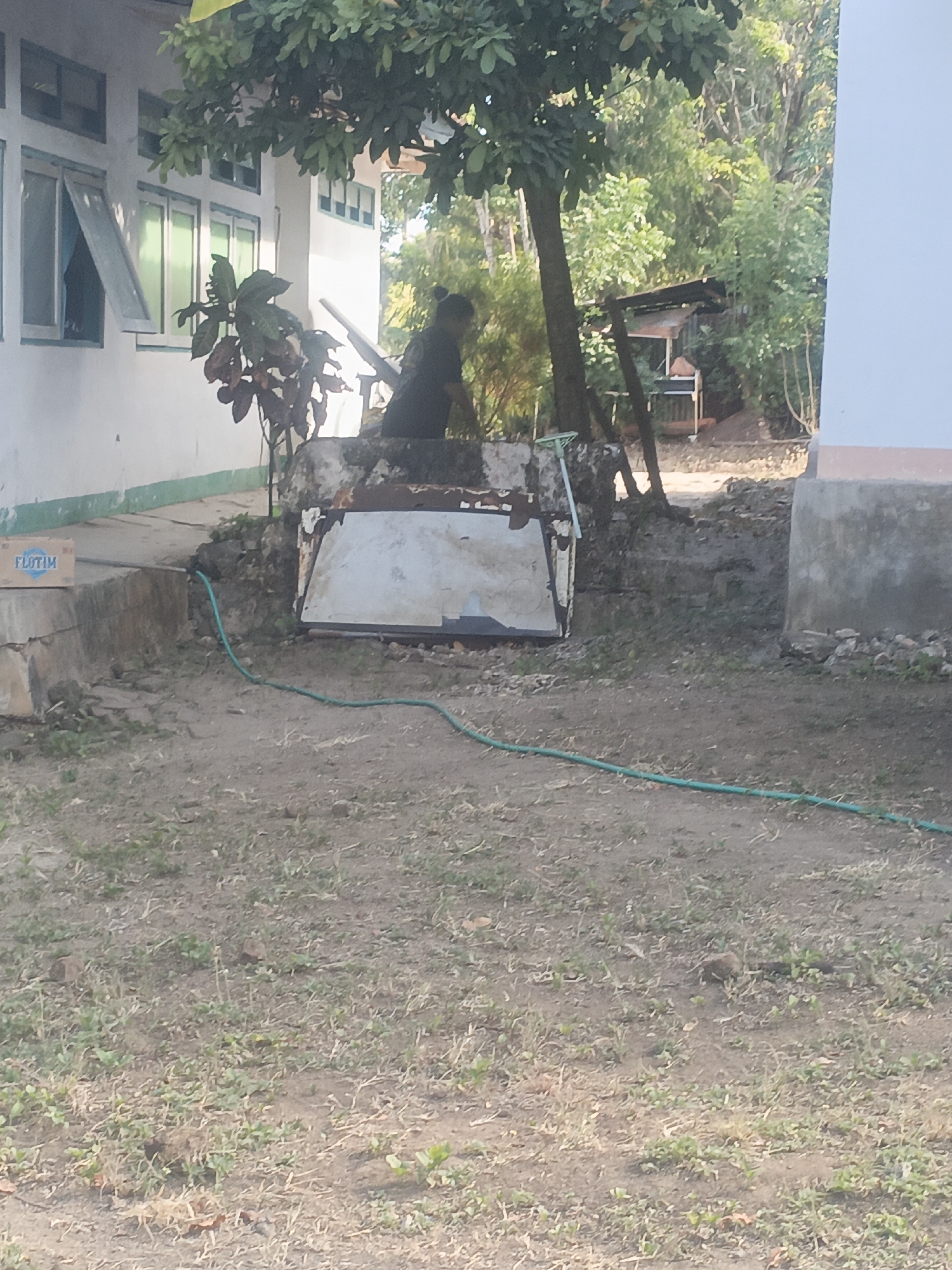 In Solor Barat, Indonesia, a young boy is seen from behind, wearing a dark shirt and shorts, standing on a concrete step in front of a white building. The building has several windows with light blue trim. A green hose is visible on the ground, extending from the left side of the image towards the right. Behind the boy, a large, white, rectangular object, possibly a metal sheet, is propped up against a structure. To the right of the building, a tall, narrow tree trunk is prominent, with lush green foliage overhead. Further in the background, a small, open-sided structure with a dark roof is visible, partially obscured by trees. The ground in the foreground is covered with dry grass and soil.