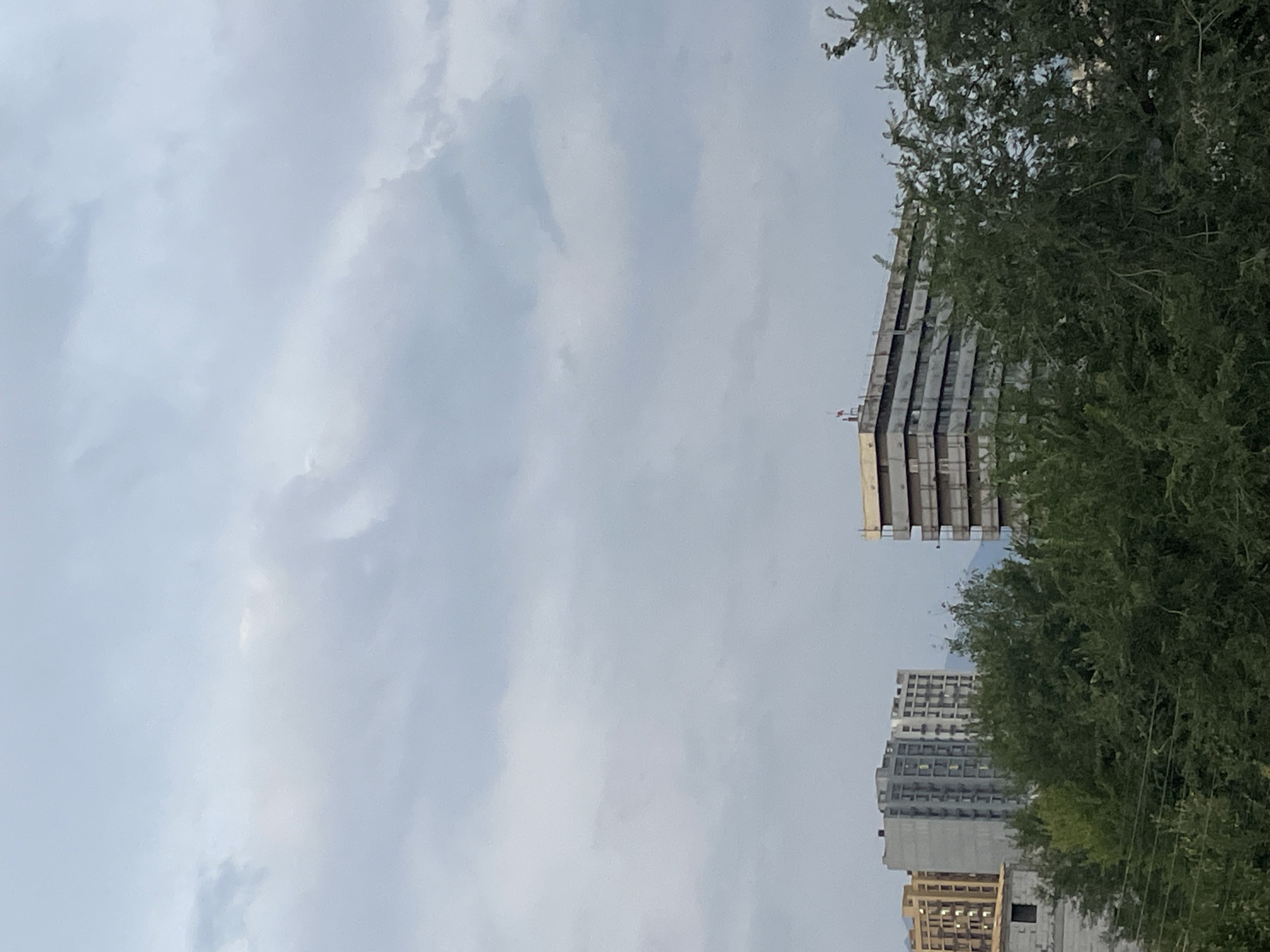 This image depicts a cloudy sky over a city scene in Almaty, Kazakhstan. In the mid-ground, several multi-story buildings are visible. To the left, there are two tall, modern apartment buildings, one light brown and another gray with many windows. To the right, a larger, older building with multiple balconies and a flat roof is present, with what appears to be a flagpole on its top. Dense green trees and foliage occupy the foreground, partially obscuring the lower portions of the buildings. In the far background, the faint outline of mountains can be discerned through the hazy sky. The overall atmosphere is overcast and somewhat muted in color.