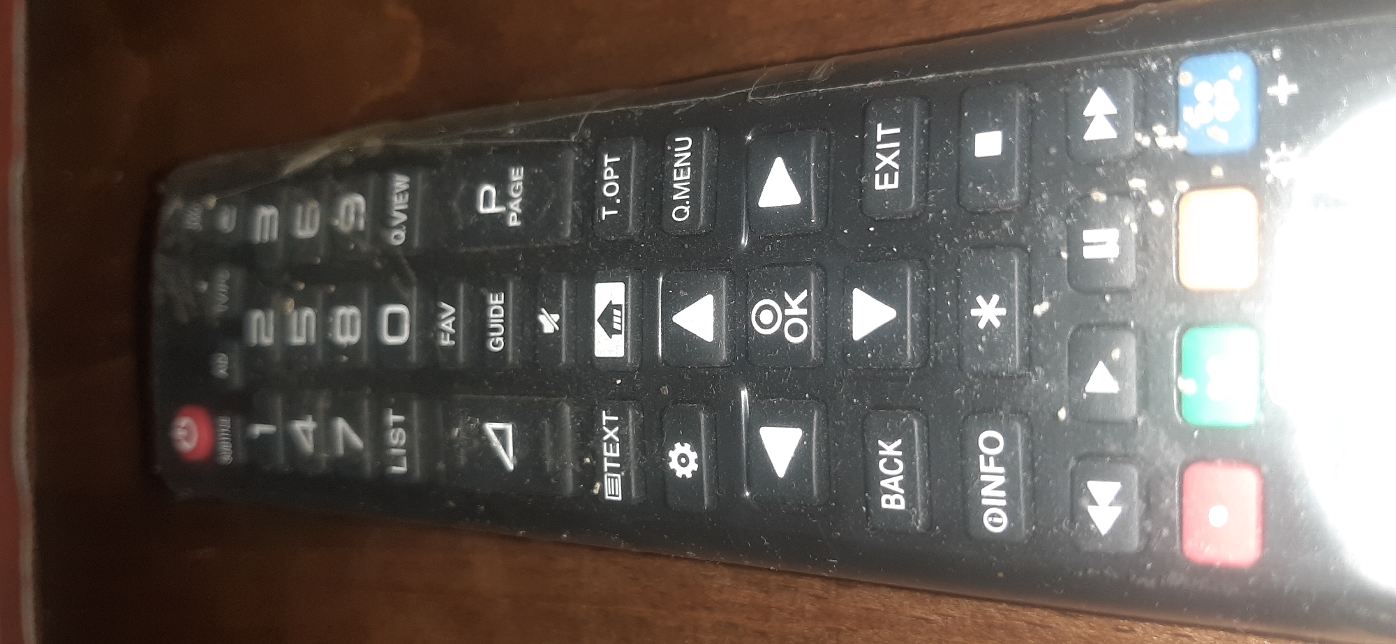 The image displays a close-up, overhead view of a black remote control, likely for a television or similar electronic device. The remote is heavily coated in dust and debris, indicating a lack of recent cleaning. The buttons are visible and include numerical keys (1-9 and 0), navigation arrows, directional buttons (up, down, left, right), and various function keys such as "POWER," "LIST," "FAV," "GUIDE," "P PAGE," "TEXT," "T.OPT," "Q.MENU," "BACK," "EXIT," "INFO," "OK," and media playback controls (play, pause, fast forward, rewind). Several colored buttons, red, green, and orange, are also present at the bottom of the remote, along with a blue button with a plus sign. The remote rests on a brown, textured surface, possibly a wooden table or desk. The lighting is dim, with a slight glare on the remote's surface. The specific location within Yessentukskaya, Russia cannot be determined from the provided image.