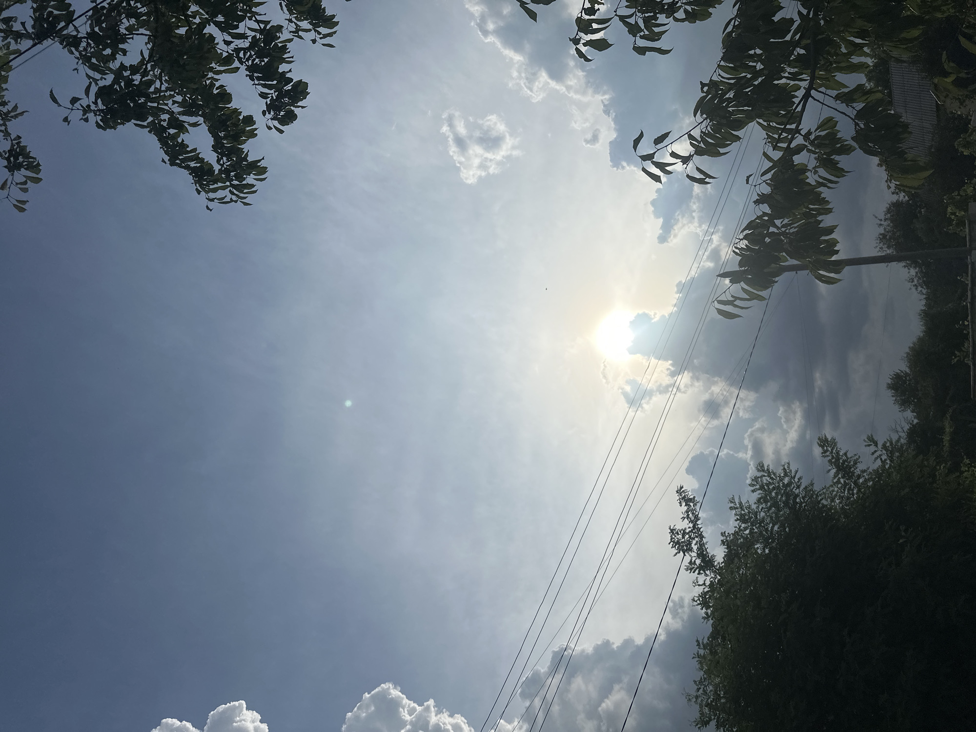 The image depicts an outdoor scene with a focus on the sky. The sun is partially obscured by clouds, creating a bright glare in the center-left of the frame. Various cloud formations are visible, ranging from large, fluffy white clouds to darker, more ominous storm clouds. Several power lines stretch horizontally across the sky in the middle ground. The foreground features the tops of trees and foliage, with leaves silhouetted against the brighter sky. A small, indistinct structure, possibly a roof, is visible at the bottom right. The overall impression is of a dramatic sky, possibly during or after a weather event. The location is Sîrcova, Moldova. There are no people or animals visible in the image.