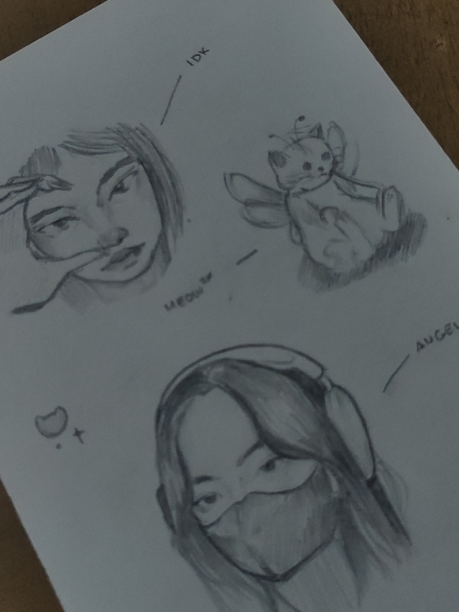 The image displays a white sheet of paper with multiple pencil sketches, resting on a light brown wooden surface. The paper is angled, appearing closer at the top-left corner.
Three primary sketches are present on the paper:
1. In the upper-left, a drawing depicts the upper half of a human face with long hair, defined eyebrows, and visible eyes and nose. A thin, wavy line extends from the left side across the nose. Above this drawing, the handwritten text "IDK" is present, connected by a line pointing to the sketch.
2. In the upper-right, a cartoonish drawing of a cat-like creature with small wings on its back and two antennae on its head is visible. It appears to be sitting or lying down, facing forward.
3. In the lower center, a drawing of a human face with long hair is shown wearing headphones and a face mask covering the nose and mouth. The eyes are visible above the mask. To the right of this sketch, the partial handwritten word "ANGEL" is present, connected by a line.
Additional handwritten elements include "MEOW" (partially cut off, possibly "MEOWR" or "MEOWS") below the upper-left face sketch, with a line pointing towards the winged cat sketch. In the bottom-left corner of the paper, a small crescent shape is drawn next to a small cross or plus sign. The wooden surface displays a visible grain.
No information within the image indicates its geographical location in the city of Davao City, Philippines, or any other specific location.