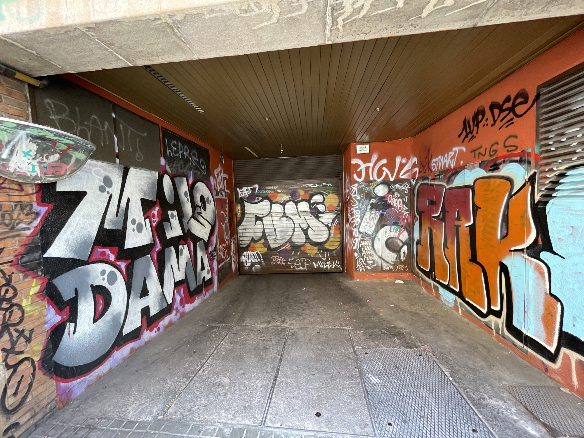 The image depicts an underpass covered in graffiti, located in Barcelona, Spain. The walls of the underpass are adorned with vibrant graffiti art, featuring large, stylized lettering in various colors, including black, white, grey, orange, and blue. The ceiling of the underpass is constructed of wooden panels, running horizontally. The ground is paved with concrete slabs and metal grates, showing signs of wear and tear. A closed metal roller shutter is visible at the far end of the underpass. Several pieces of graffiti are decipherable, including "DAMA" on the left wall, "HAVS" and "TNGS" on the right wall, and other illegible tags and designs throughout. The overall scene suggests an urban environment that has been heavily utilized as a canvas for street art. There are no people or animals visible in the image.