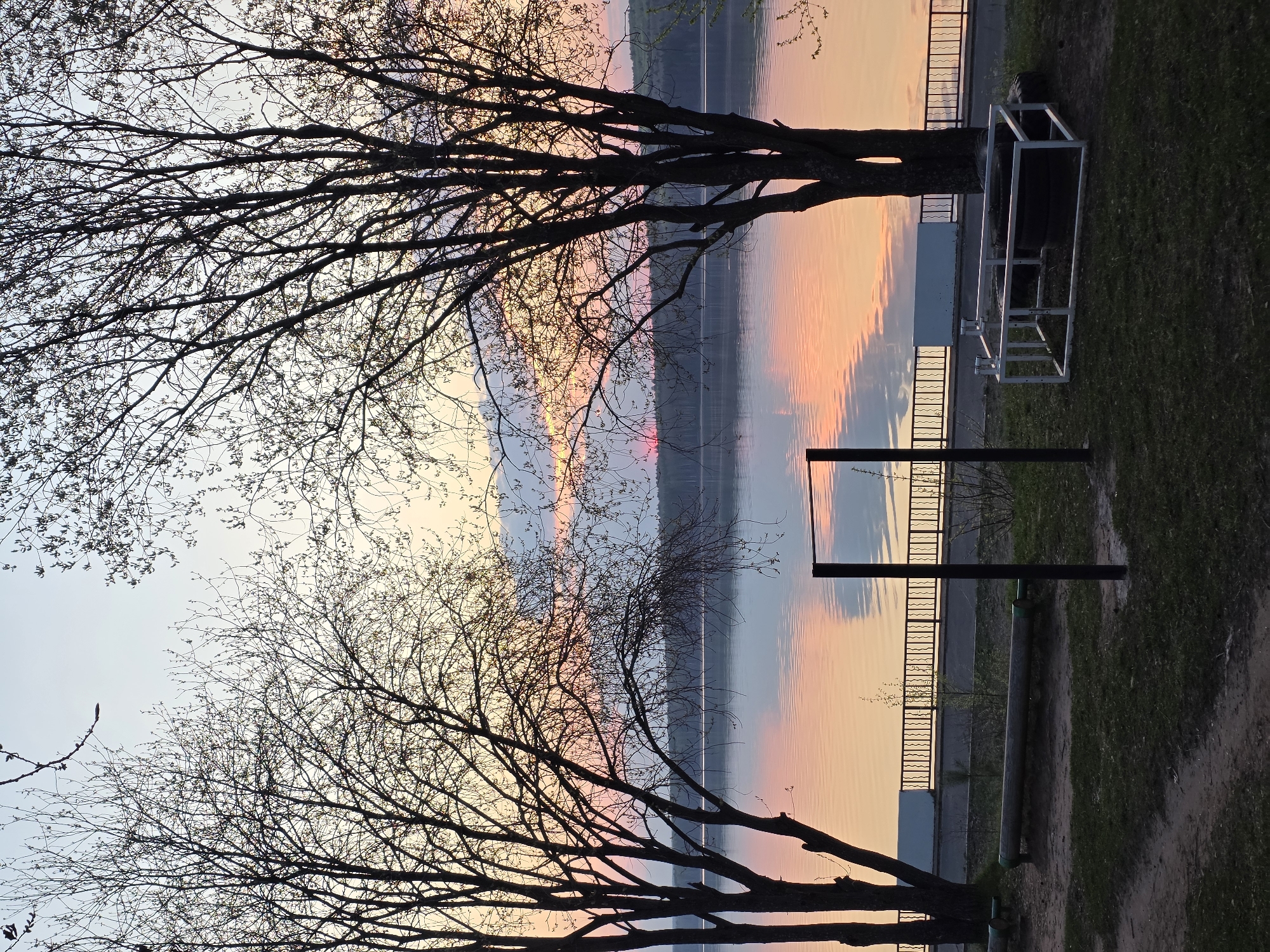 The image depicts a lakeside view in Chaikovsky, Russia, at dusk or dawn, characterized by a soft, pastel-colored sky reflected in the still water. Two silhouetted trees frame the scene, their branches largely bare. A metal structure, possibly a bench or equipment of some kind, stands on the grassy bank near the water's edge. A section of the shoreline is lined with a low fence or barrier. The ground is a mix of grass and dirt. No people are visible in the shot.
