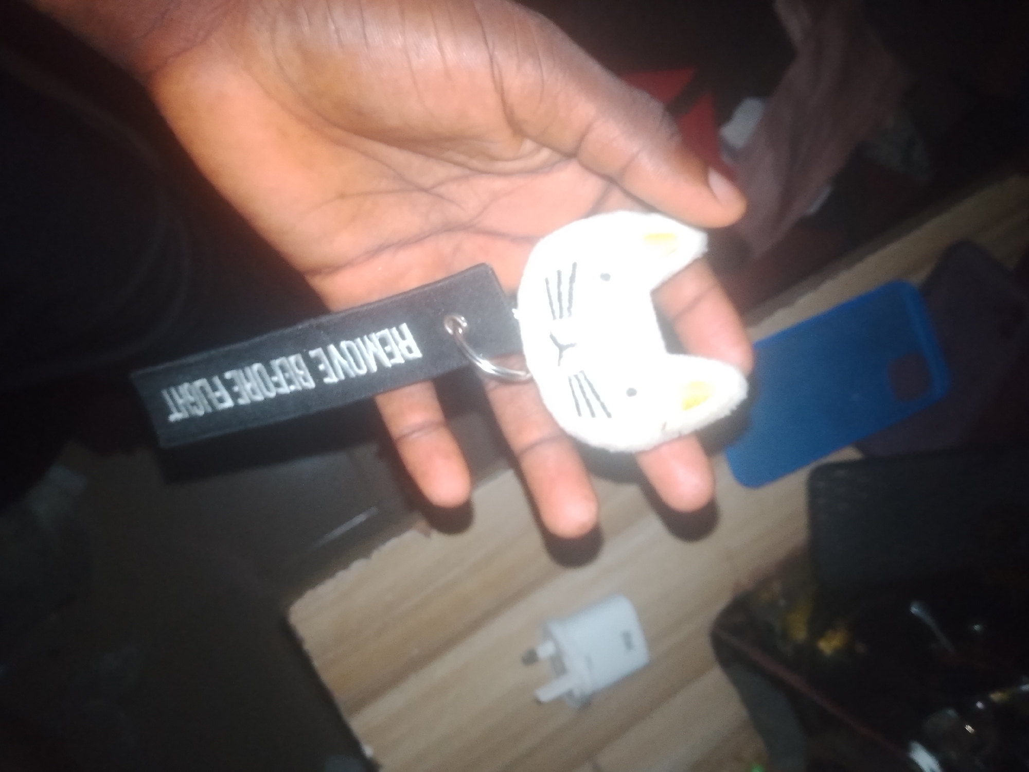 In Jauro Yinu, Nigeria, a person's hand, with dark skin and visible veins, holds a keychain. The keychain features a black tag with white lettering that reads "REMOVE BEFORE FLIGHT." Attached to the tag is a white, plush cat-shaped charm with black drawn features, including whiskers and eyes, and yellow accents on its ears. The background is blurred, showing a wooden surface, a white power adapter, and dark-colored objects, possibly phone cases.