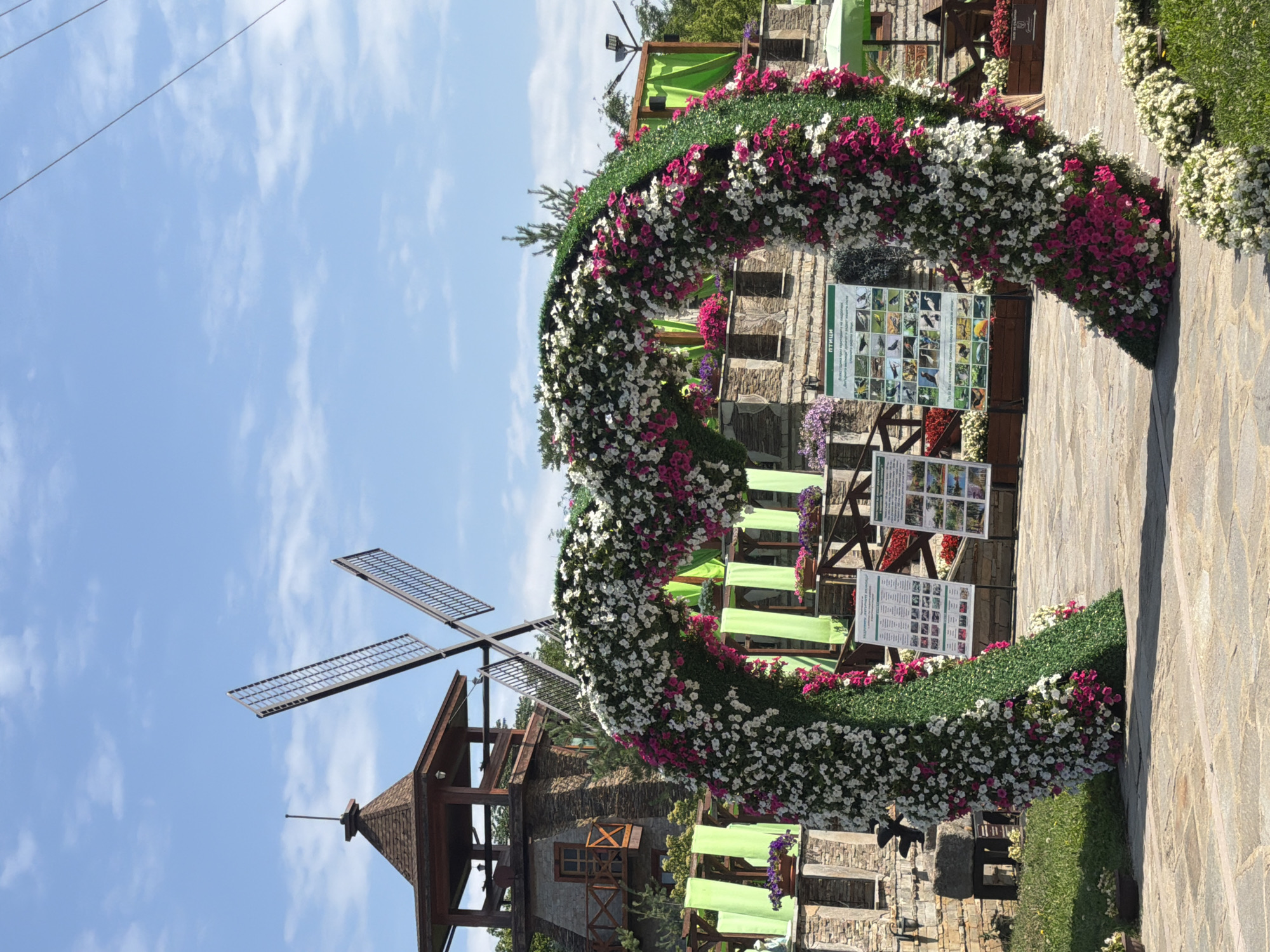 In the city of Gorna Malina, Bulgaria, a picturesque scene unfolds with a large heart-shaped floral archway as the central focus. The arch is adorned with an abundance of white and pink petunias, densely packed to create a vibrant, cascading effect. Behind the arch, a rustic stone building with wooden accents stands, reminiscent of a mill. A windmill with its sails outstretched stands tall against a clear blue sky dotted with white clouds. The ground is paved with stone, and surrounding the arch are green bushes and flowerbeds, adding to the natural beauty of the location. Several information boards with images of birds and nature are displayed, suggesting an educational or informational aspect to the area. The overall atmosphere is tranquil and inviting, highlighting the natural charm of Gorna Malina.