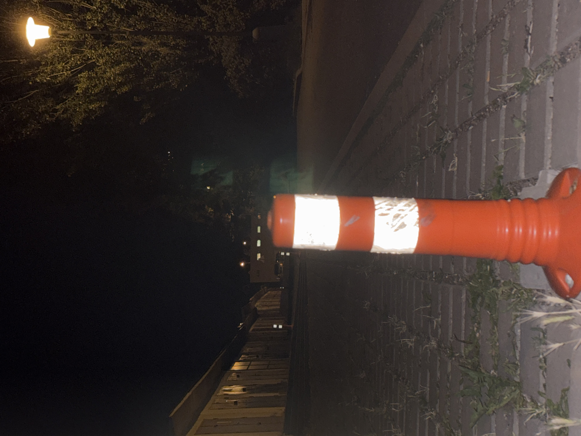 The image depicts an outdoor scene at night. In the foreground, a bright orange traffic cone with reflective white bands stands prominently. The cone is positioned on a paved surface composed of rectangular blocks, with sparse patches of grass growing between them. To the left, a row of buildings with illuminated windows suggests a commercial or residential area. In the background, a streetlamp with a glowing orange light illuminates a tree with dense foliage. The overall atmosphere is dark, with the artificial light sources casting shadows and highlighting certain elements of the scene. The image appears to be taken from a low angle, emphasizing the traffic cone.