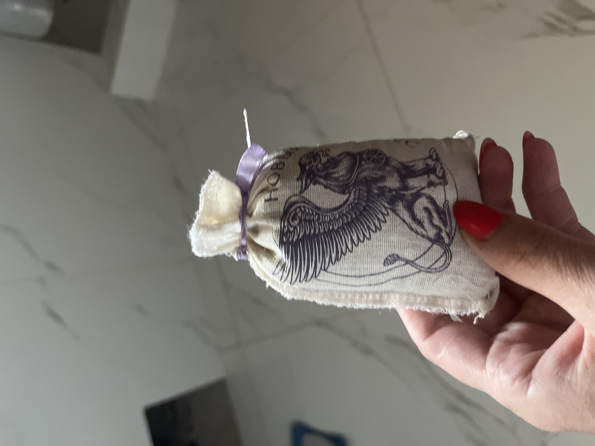 A person's hand with bright red nail polish holds a small, light-colored fabric pouch adorned with a dark purple illustration of a winged creature. The pouch is cinched at the top with a white string and a small purple ribbon. Partially visible text above the illustration appears to read "HOBB..." The background consists of a light-colored, tiled floor and a blurred light-colored wall, suggesting an indoor setting. There is no indication of the location being in Saratov, Russia.