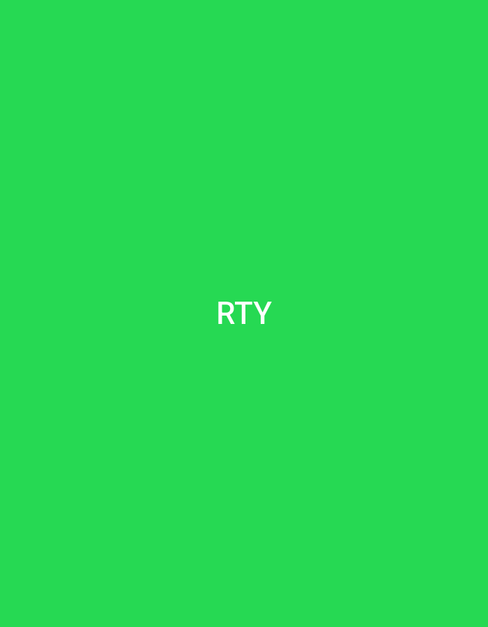 This image is a graphic display featuring a solid, bright green background. The white capital letter text "RTY" is prominently centered horizontally and positioned slightly below the vertical midline of the frame. No other subjects, objects, people, actions, or interactions are present in the scene, which is set in the city of Casablanca, Morocco.