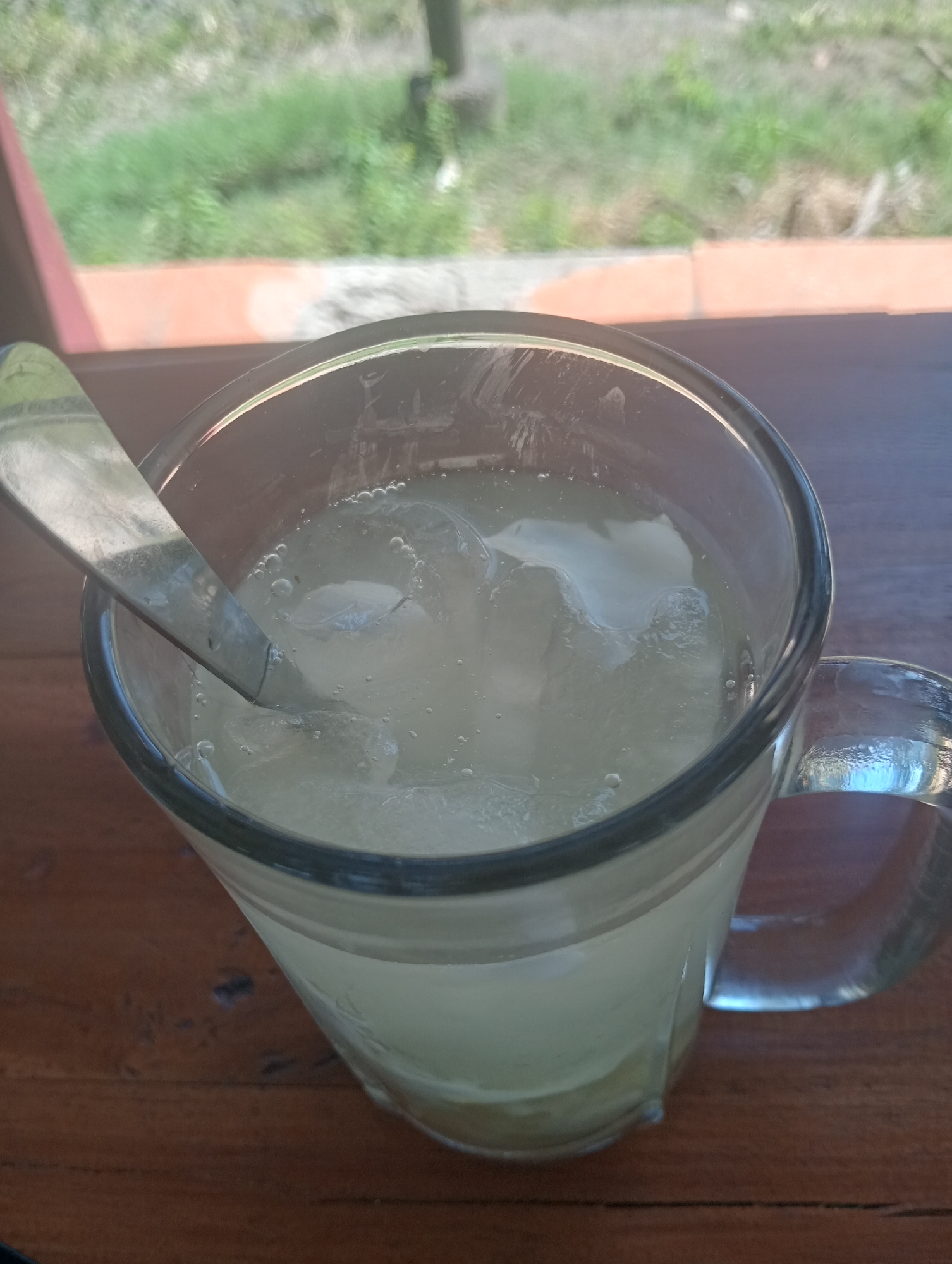 A close-up shot shows a glass of lemonade with ice cubes and a spoon on a wooden table. In the background, out of focus, is a reddish-orange wall, followed by green grass and vegetation. The setting is outdoors, possibly a cafe or restaurant in Sruni, Indonesia, given the humid, tropical foliage suggested by the background. The lighting is bright, indicating daytime.