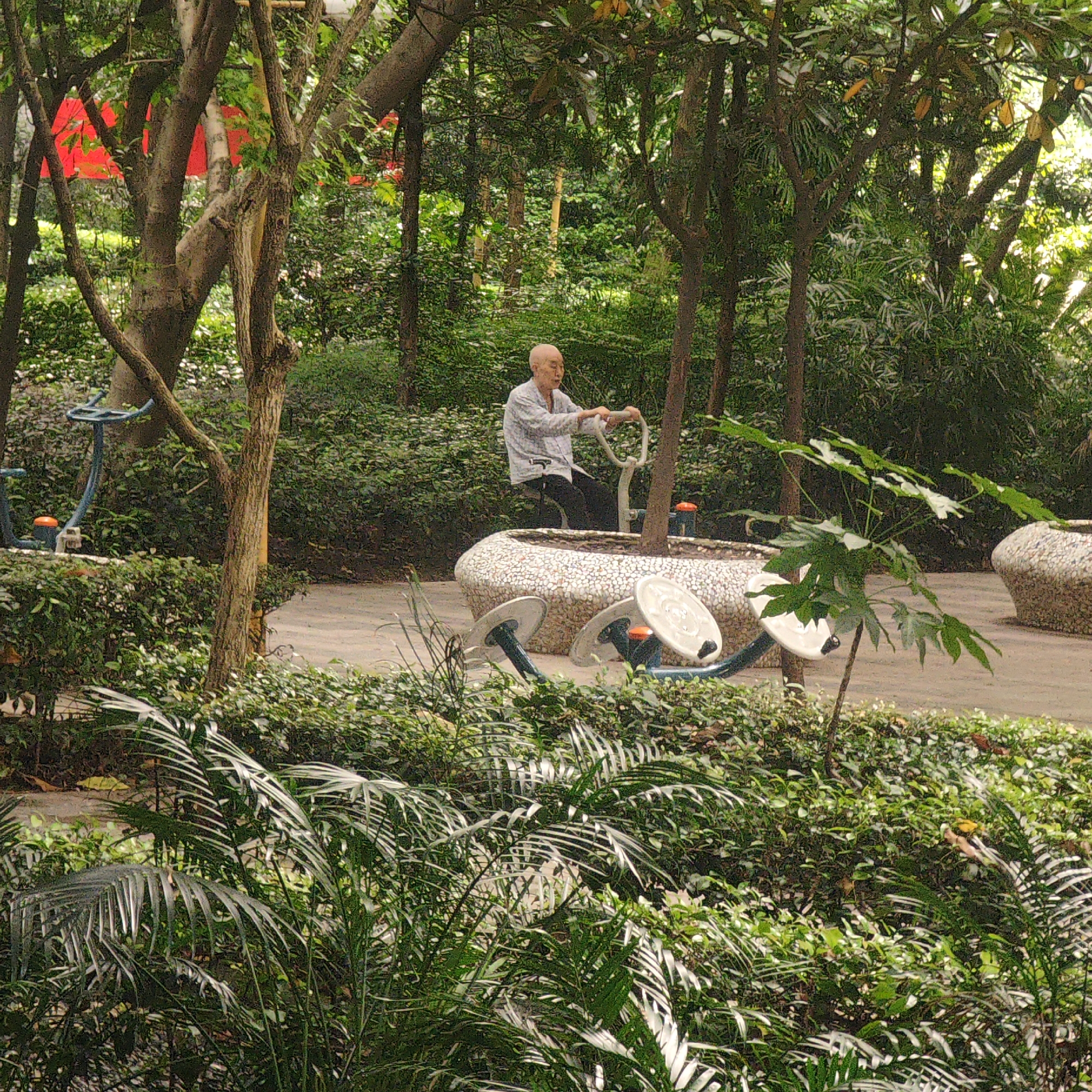 An older man in a white patterned shirt and black pants is exercising on a piece of public outdoor fitness equipment in a park-like setting. The equipment is white with blue accents and set within a rounded, mosaic-covered base. The park is lush with greenery including trees, bushes, and palms. The photo seems to have been taken in Yuzhong District, China.
