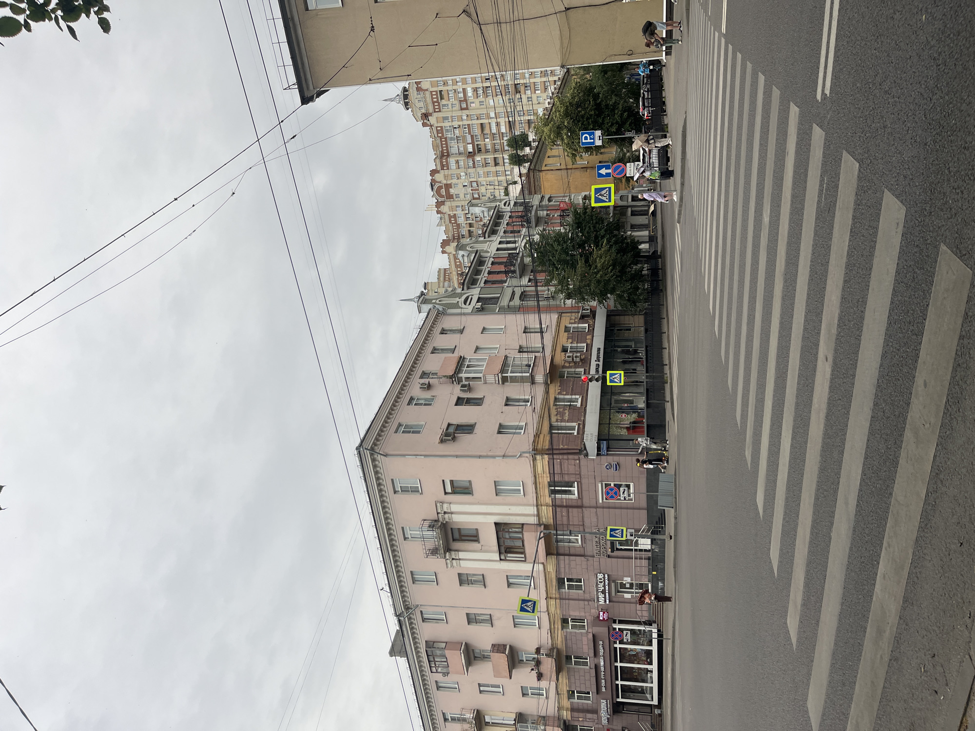 This is a street scene in Voronezh, Russia, on an overcast day. The image is oriented vertically. In the foreground, a wide pedestrian crossing with white stripes dominates the right side of the frame, leading to a street with asphalt paving. Several people are visible crossing the street or walking on the sidewalk.
On the left side of the street, a multi-story pink building with many windows and balconies is prominent. Above this building, other residential buildings of varying architectural styles and heights can be seen, with one in the distance appearing significantly taller and more modern. Power lines crisscross the sky above the buildings.
Several street signs are visible, including a blue "P" sign indicating parking, a blue circular sign with a red diagonal bar indicating "no entry" or "closed to all vehicles," and yellow diamond-shaped signs with black symbols, likely indicating pedestrian crossings or other traffic warnings.
Text visible on the buildings includes signs for "ТВОЯ ПОЛКА" (Your Shelf), "ВИНТАЖ - РУЧНАЯ РАБОТА-ПОДАРКИ" (Vintage - Handmade - Gifts), "МИР ЧАСОВ" (World of Watches), "НАДЕЖ" (Hope - likely part of a longer word), and "ДОРОХО" (Expensive). A sign with "дежда Дорохова" is also present.
The overall atmosphere appears to be that of a typical urban environment, with people going about their day under a cloudy sky. The time of day seems to be daytime, given the light levels.