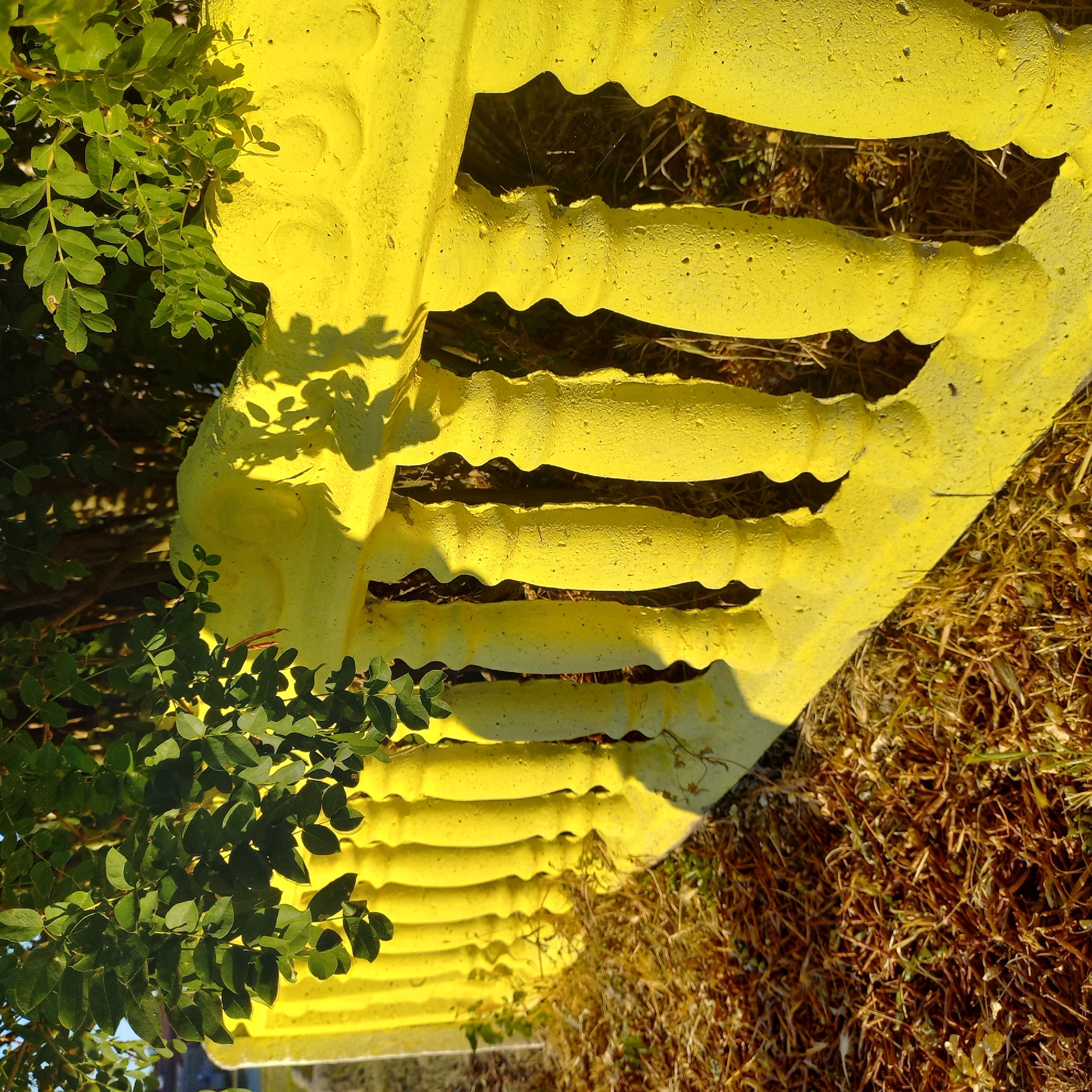 The image depicts a bright yellow concrete balustrade in Klyntsi, Ukraine. The balustrade is made up of vertical balusters with a decorative, rounded shape, topped by a solid railing. Green leaves from an overhanging tree cast shadows on the balustrade. The ground beneath the balustrade is covered in dry grass and fallen leaves. The sun appears to be setting, as indicated by the warm, golden light and long shadows. There are no people or animals visible in the image.