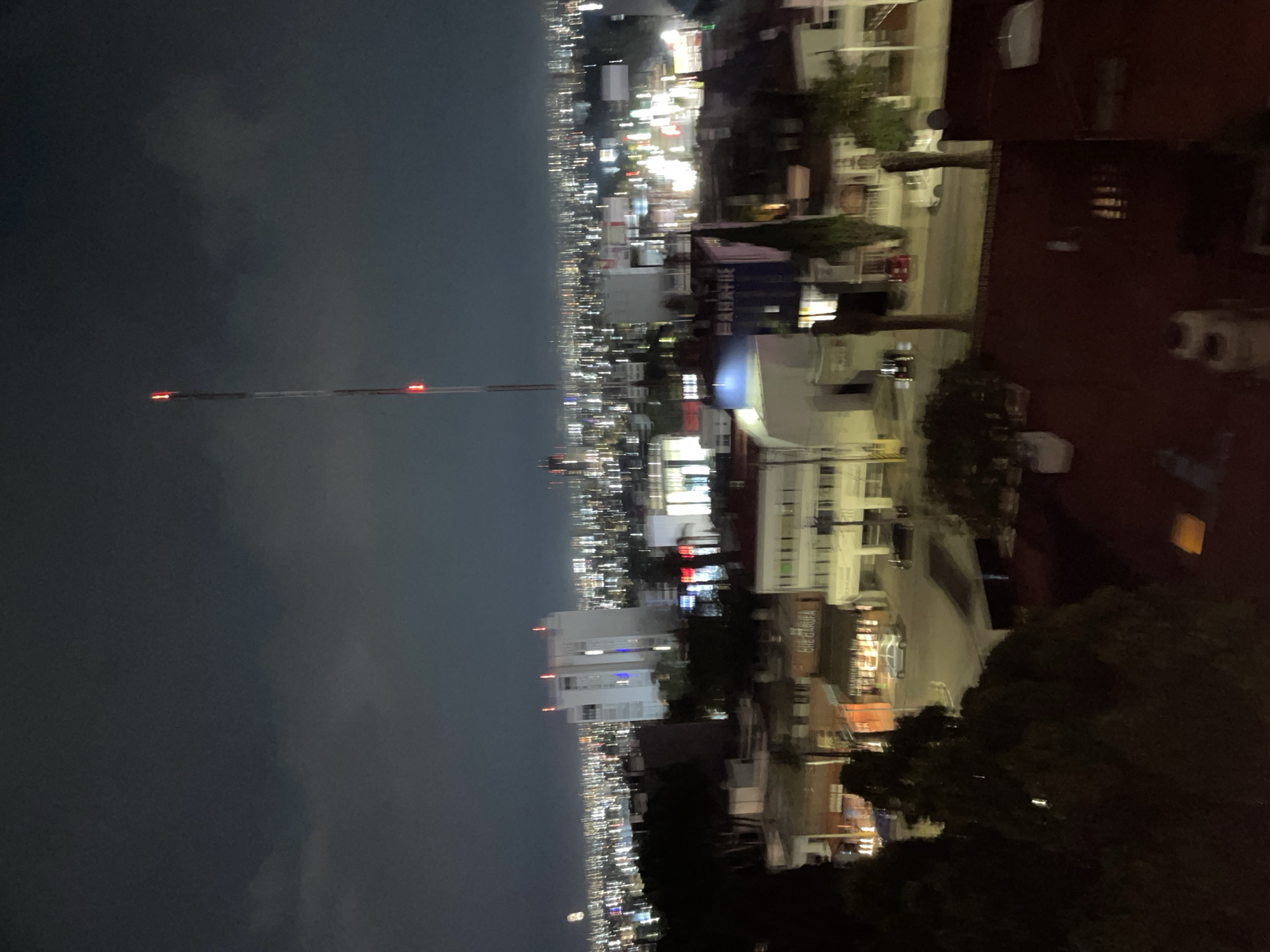 The image is a night-time view of the city of Puebla, Mexico, taken from an elevated position. The lights of the city extend towards the horizon under a dark, cloudy sky. A tall communication tower, with red lights at its top, is visible in the distance on the left. Buildings, trees, and streetlights are visible in the foreground, along with streets. A red brick building is seen on the right-side of the frame.
