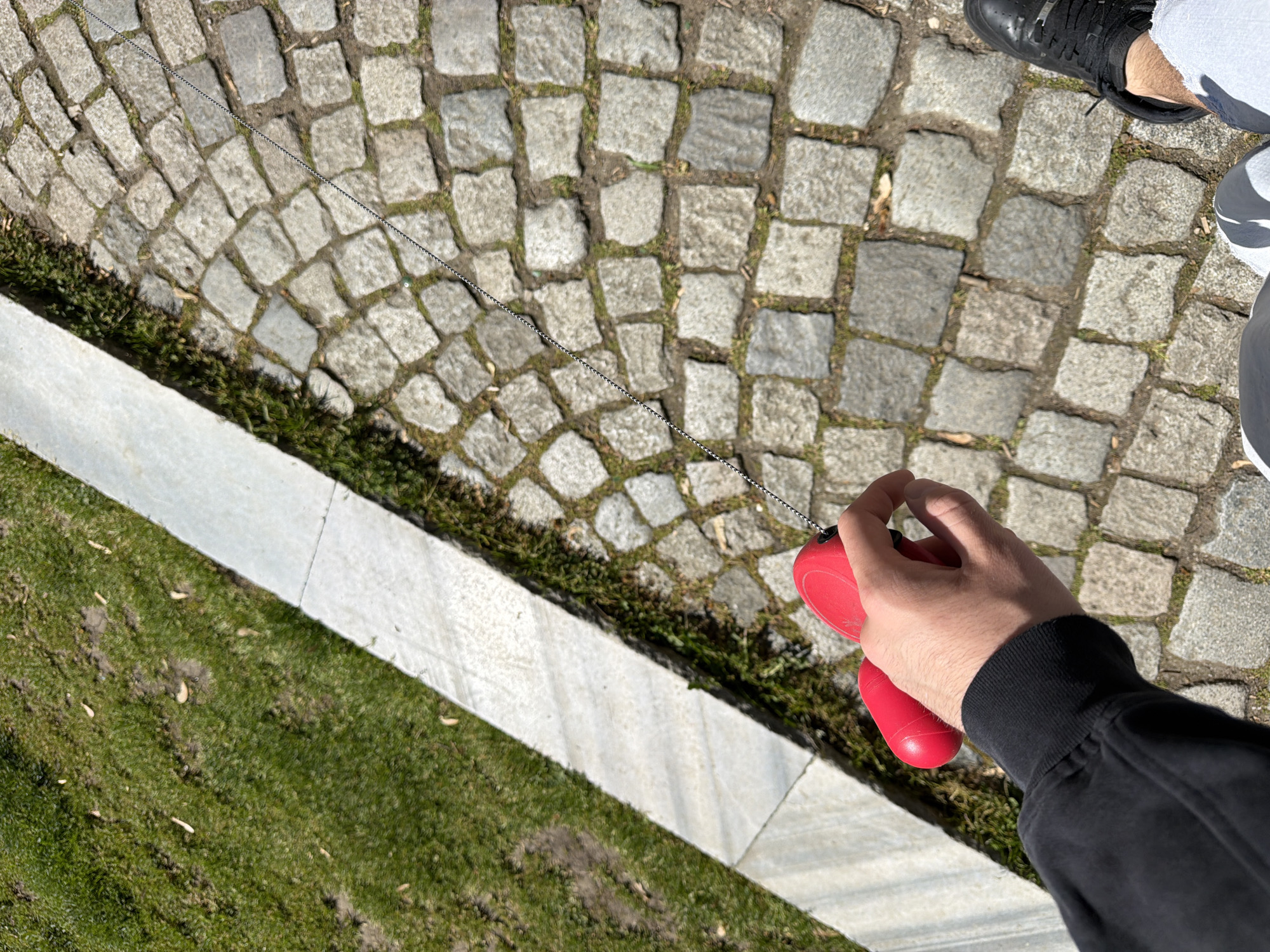 Observed is a street scene at an oblique angle, likely photographed by a person standing. The scene presents a person's hand gripping a retractable dog leash, which is red, extended towards cobblestone pavement. The pavement extends from upper left to the right. The pavement adjoins to a raised concrete divider with grass. The person is wearing a black long sleeve shirt. The person is also wearing black and white shoes, partially visible in the upper right corner. The location, Sofia, Bulgaria is not discernible from the visible elements of the image, and cannot be verified with certainty.