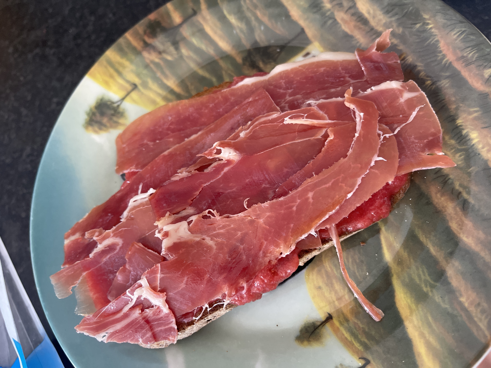 A close-up shot depicts a slice of bread topped with a red spread and layers of thinly sliced cured meat, likely ham or prosciutto. The food item is placed on a plate featuring a landscape design in muted colors. The scene is set indoors, with a dark, possibly granite countertop visible in the background. The edge of a blue object appears in the lower left corner of the frame, likely an item on the counter. The image focuses on the food and does not suggest a specific location in Maidstone, United Kingdom or involve any people or actions beyond the presentation of the food.