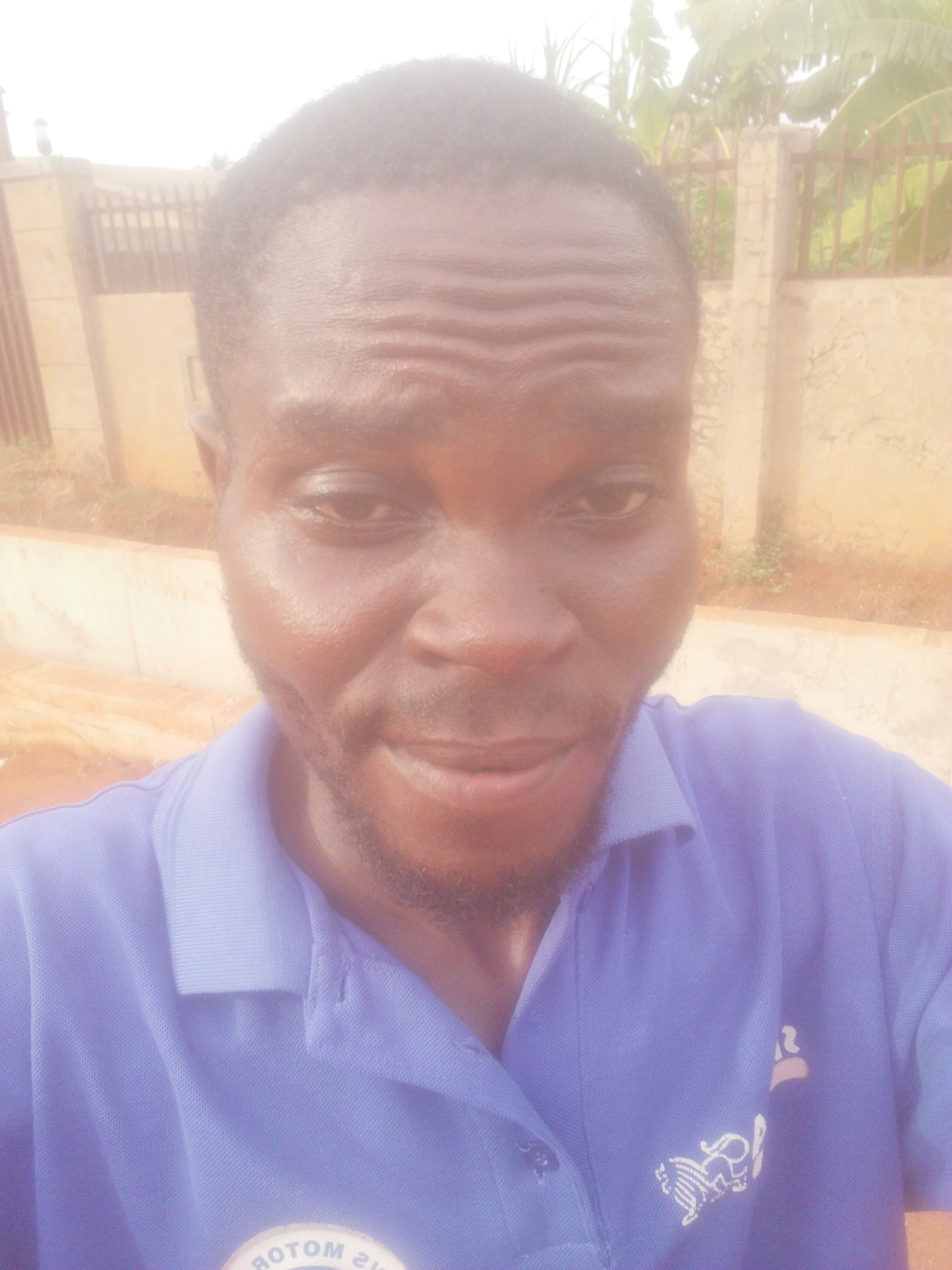 A close-up, waist-up selfie captures a dark-skinned man against an outdoor backdrop. The man is dressed in a blue collared shirt adorned with a white emblem on the lower right front. He has short, dark hair and a trimmed beard. The background reveals a concrete wall with a metal fence on top and verdant trees peeking over the fence, under what appears to be overcast lighting. The location is the city of Unknown, Unknown.