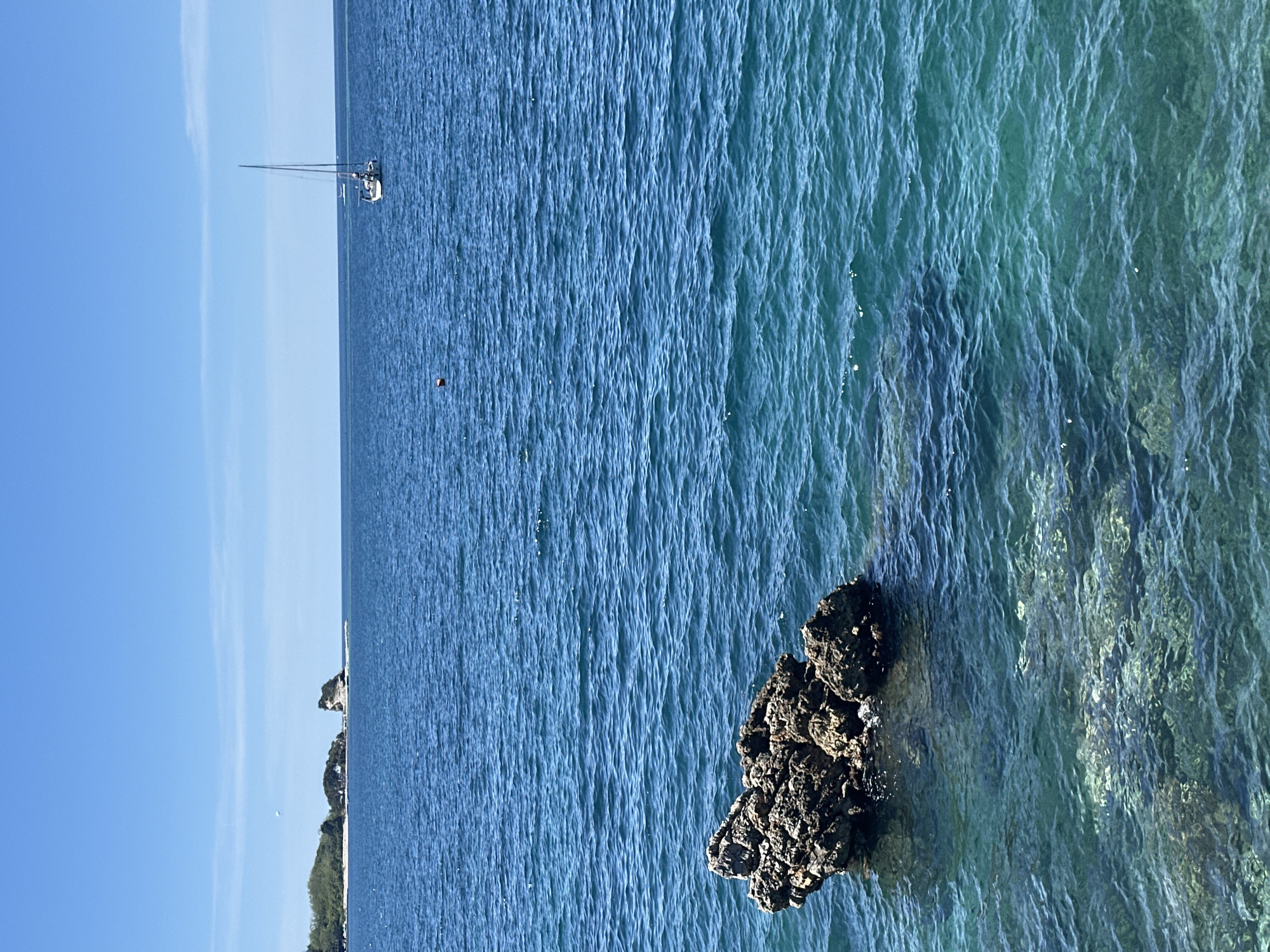 The image shows a seascape in Budva, Montenegro, with a rocky outcrop in the foreground on the right side. The water is clear and turquoise in color, and the seabed is visible near the rock. In the distance, the water is a deeper blue and has gentle waves. A small sailboat is visible on the horizon in the upper left of the image, along with a small island on the left side. The sky is a clear, pale blue.