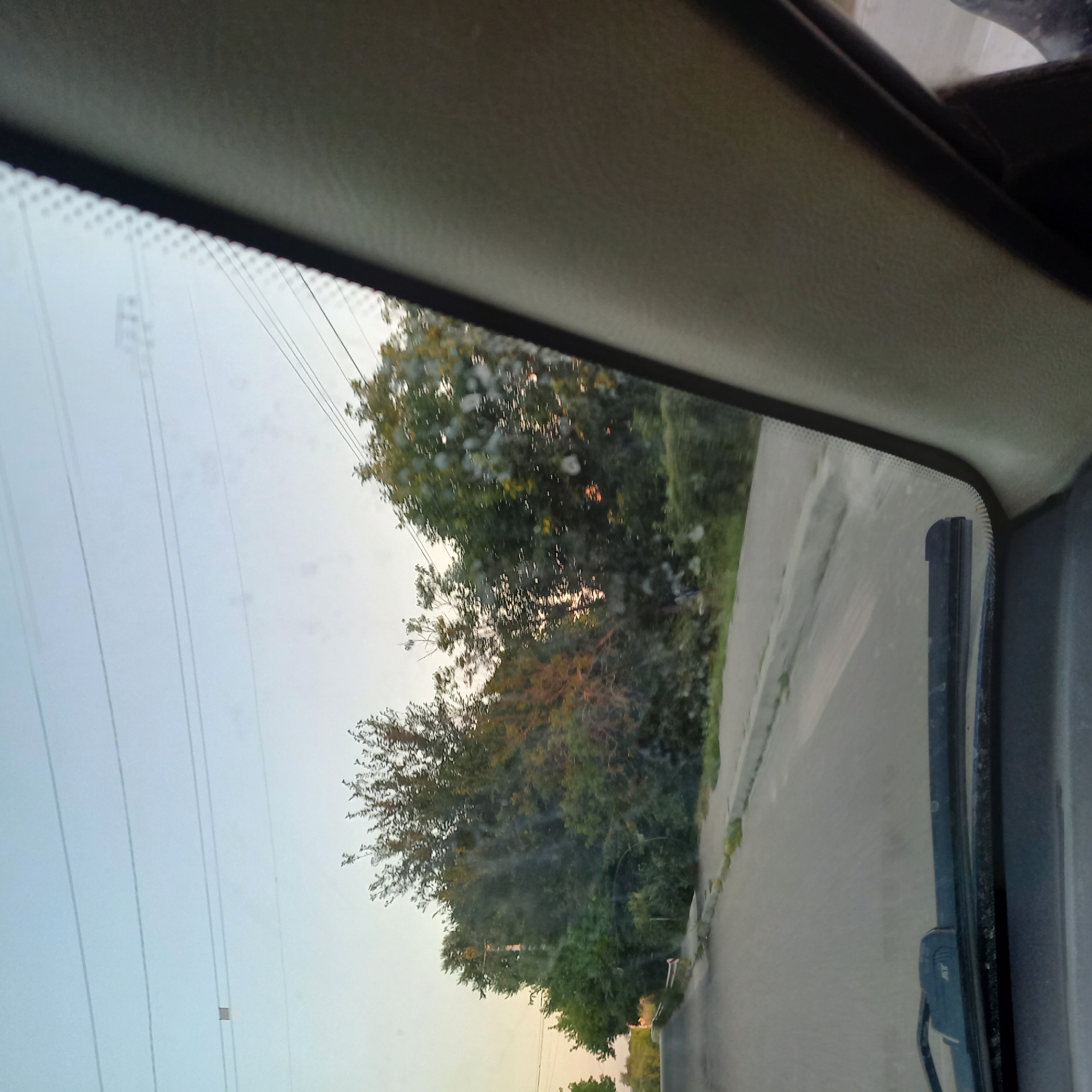 The image depicts a view from inside a vehicle, looking forward through the windshield. The perspective suggests the vehicle is in motion on a paved road. To the left of the road, there is a concrete curb and a grassy shoulder, lined with trees and dense foliage. The trees vary in color, with some appearing green and others with hints of yellow and orange, indicating potential seasonal changes or flowering. In the distance, against a pale sky, a series of overhead power lines are visible. The right side of the image is dominated by the interior of the vehicle, specifically the dashboard and the A-pillar, which frames the view of the exterior. There are some smudges or water droplets on the windshield. No people are visible in the frame. The overall environment suggests a semi-urban or rural setting, possibly on the outskirts of Soniachne, Ukraine, given the presence of overhead power lines and the type of vegetation.