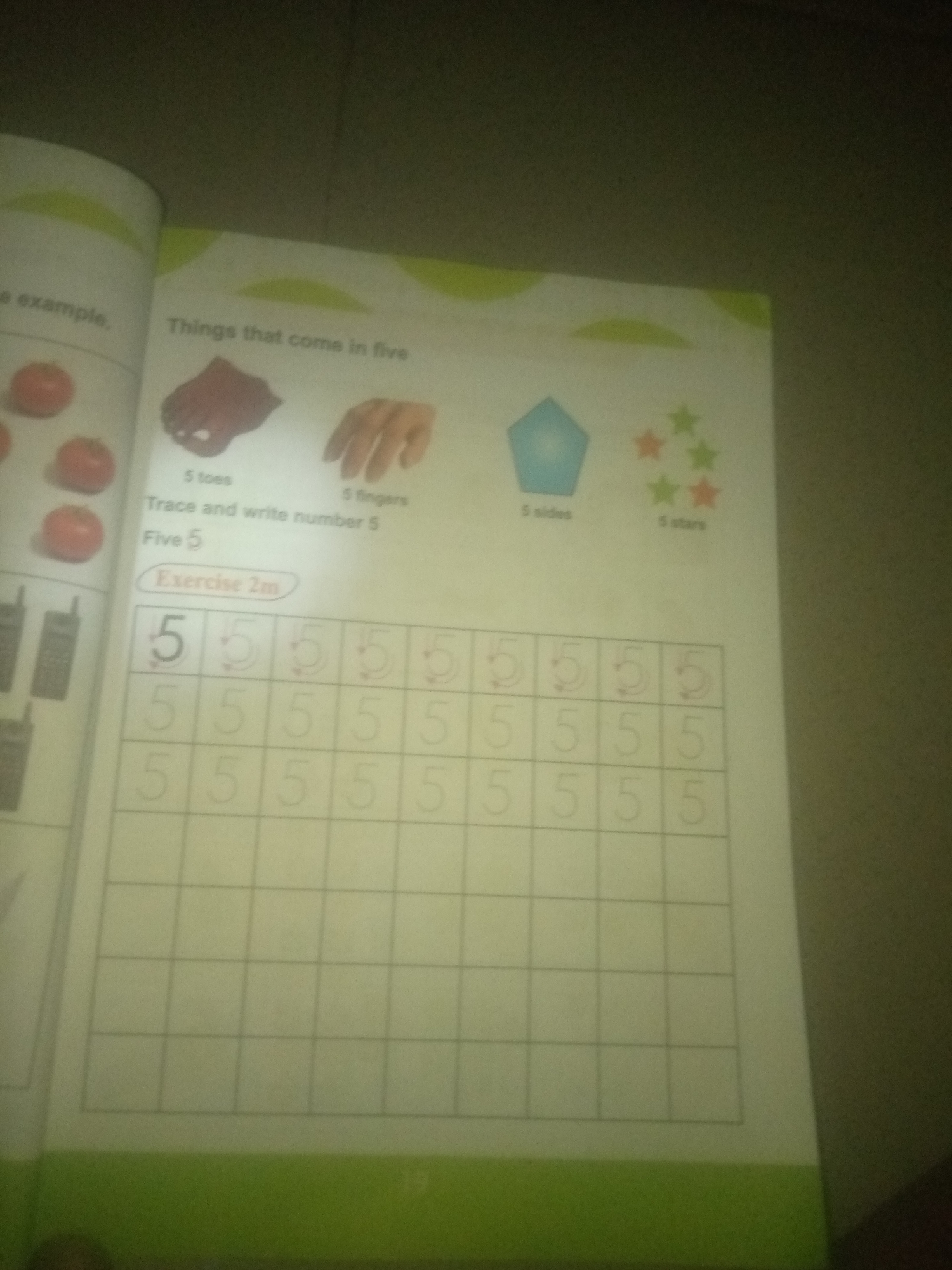 This is a close-up, slightly blurry, angled photograph of an open workbook page, likely from a children's educational book. The page is predominantly white with some light green accents at the top.
The top section of the page features illustrations and text related to the number five. There is an image of a foot with five toes, labeled "5 toes". Next to it is an image of a hand with five fingers, labeled "5 fingers". Further to the right, a blue pentagon shape is shown, labeled "5 sides". To the right of the pentagon are five red and green stars, labeled "5 stars". Above these illustrations is the text "Things that come in five".
Below these illustrations is the text "Trace and write number 5" and then "Five 5".
The lower portion of the page contains an "Exercise 2m" section. This section consists of a grid with multiple rows and columns. The first row of the grid has a large, clear numeral '5' on the left, followed by four dotted outlines of the numeral '5', each with directional arrows indicating how to write it. The subsequent rows contain multiple dotted outlines of the numeral '5' within the grid. The grid extends downwards, with several empty squares visible.
On the far left of the page, partially visible, are illustrations of red tomatoes and what appear to be old-fashioned cell phones. The text "e example," is also partially visible on the left.
At the very bottom of the page, a green band is visible, with the number '19' printed in white.
The image quality is poor, with significant blur and shadow, making fine details difficult to discern. The photograph is taken indoors, with artificial lighting likely contributing to the glare and shadows. There are no people visible in the photograph, and the scene is static, depicting educational material. The location of Jauro Yinu, Nigeria, is not represented or implied in the visual content of the image.