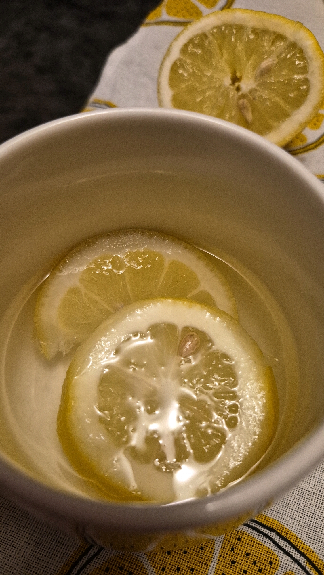 A close-up shot captures two lemon slices floating in a light-colored liquid within a white ceramic mug. One slice is partially submerged, its texture and segments clearly visible, while the other is positioned above it. The liquid appears to be water or a light tea, with small bubbles clinging to the lemon. In the background, a slice of lemon rests on a fabric surface with a yellow and white checkered pattern, partially obscured by a dark, out-of-focus area. The overall lighting is warm, casting a soft glow on the subjects. No individuals or urban elements are present in the frame, and therefore, no location in Krauja, Latvia, can be inferred from the visual information provided.