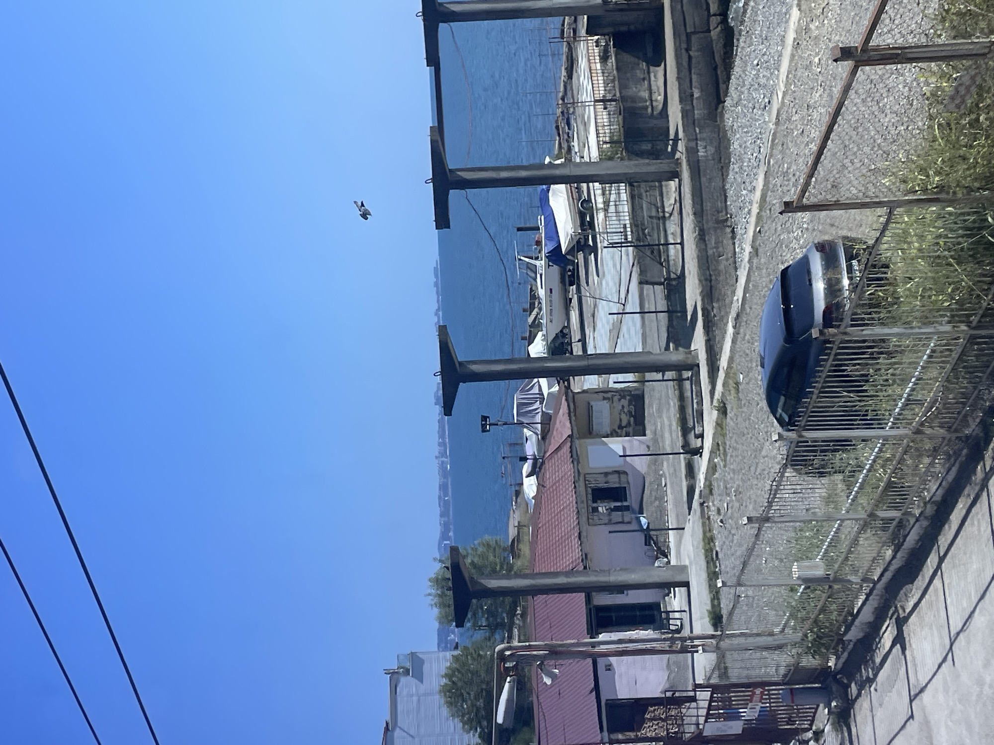 The image shows a view of the Black Sea coast in Sochi, Russia, on a clear, sunny day. In the foreground, a chain-link fence separates a paved area from a gravelly ground. A dark-colored SUV is parked on the gravel to the right. Behind the fence, several small, weathered buildings with red roofs are visible, some appearing abandoned or in disrepair. A few trees are scattered around the buildings.
Dominating the mid-ground are large, concrete pillars, part of some form of elevated structure, possibly a pier or walkway, that extends towards the sea. Several boats are parked on the concrete area behind these pillars; one white boat is uncovered, while others are covered with tarpaulins.
The Black Sea stretches across the background, calm and blue under the bright sky. In the far distance, a city skyline with buildings and structures can be seen along the coastline. A single bird is captured mid-flight in the upper right quadrant of the sky, and two power lines stretch diagonally across the blue expanse at the top of the frame. The overall impression is one of a coastal area with a mix of residential, industrial, and recreational elements, likely a marina or a former industrial zone.