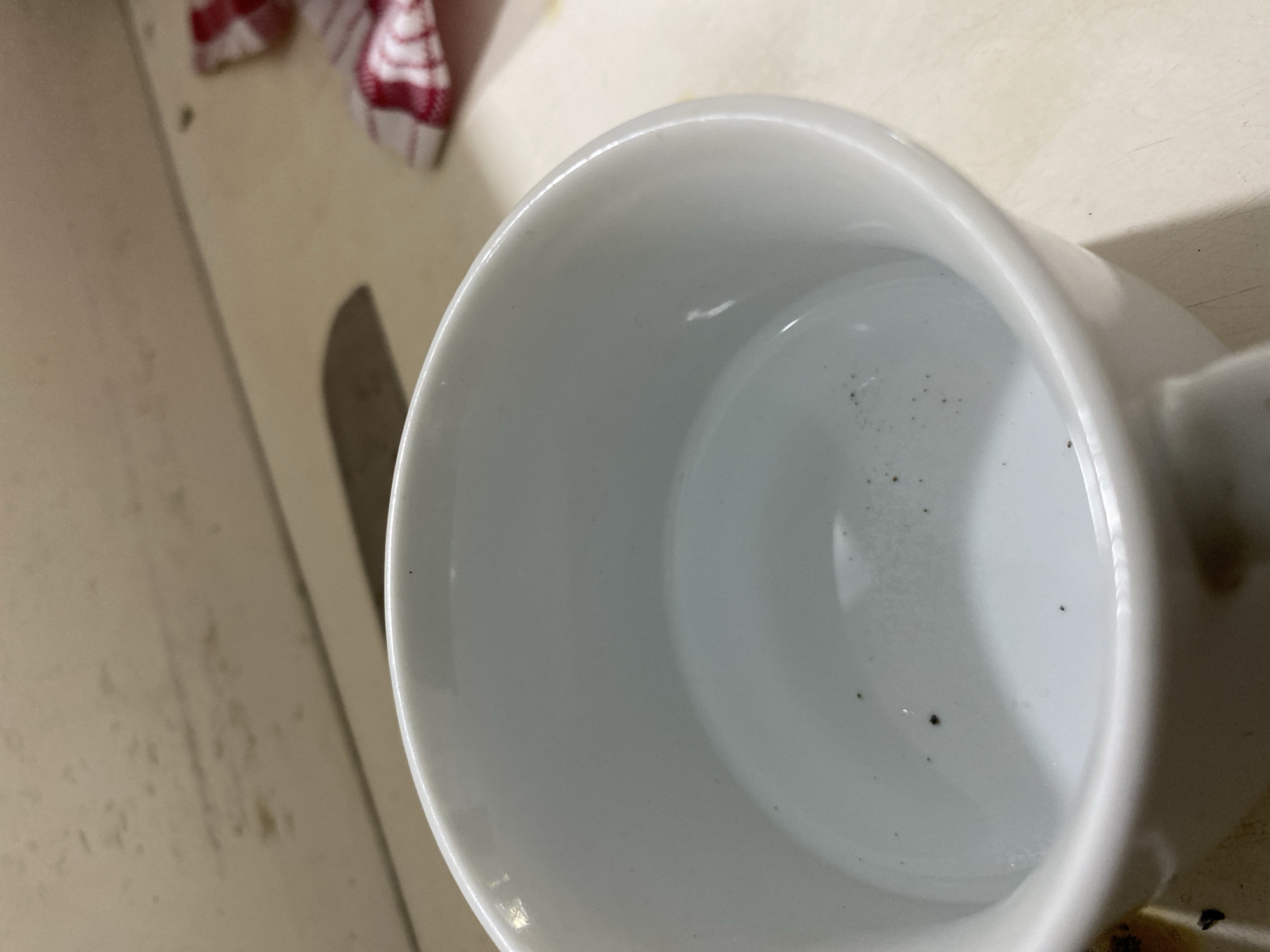 A close-up, overhead shot shows a white ceramic mug with a small amount of clear liquid at the bottom. Several dark specks are visible floating in the liquid and settled on the bottom of the mug. The mug has a simple design with a curved handle. The background is a light-colored, textured surface, possibly a countertop or table, with some faint smudges and markings. A red and white checkered cloth and the edge of a knife are visible in the upper right corner of the image. The scene appears to be indoors, in a kitchen or dining area.