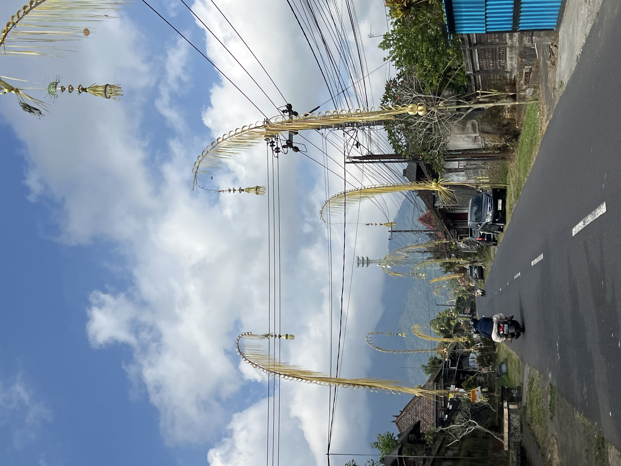 In the city of Pupuan, Indonesia, a road lined with traditional Balinese decorations arches over the street. The decorations are made of woven palm fronds and hang from utility poles. On the road, a man and a woman ride a motorcycle, their faces obscured by helmets. They are followed by a line of cars, indicating a busy street. On either side of the road, houses with traditional Balinese architecture are visible, with some featuring intricate carvings and thatched roofs. The houses are surrounded by lush greenery, and in the background, a mountain looms under a cloudy sky. The overall atmosphere of the scene is serene and peaceful, with a touch of cultural richness.