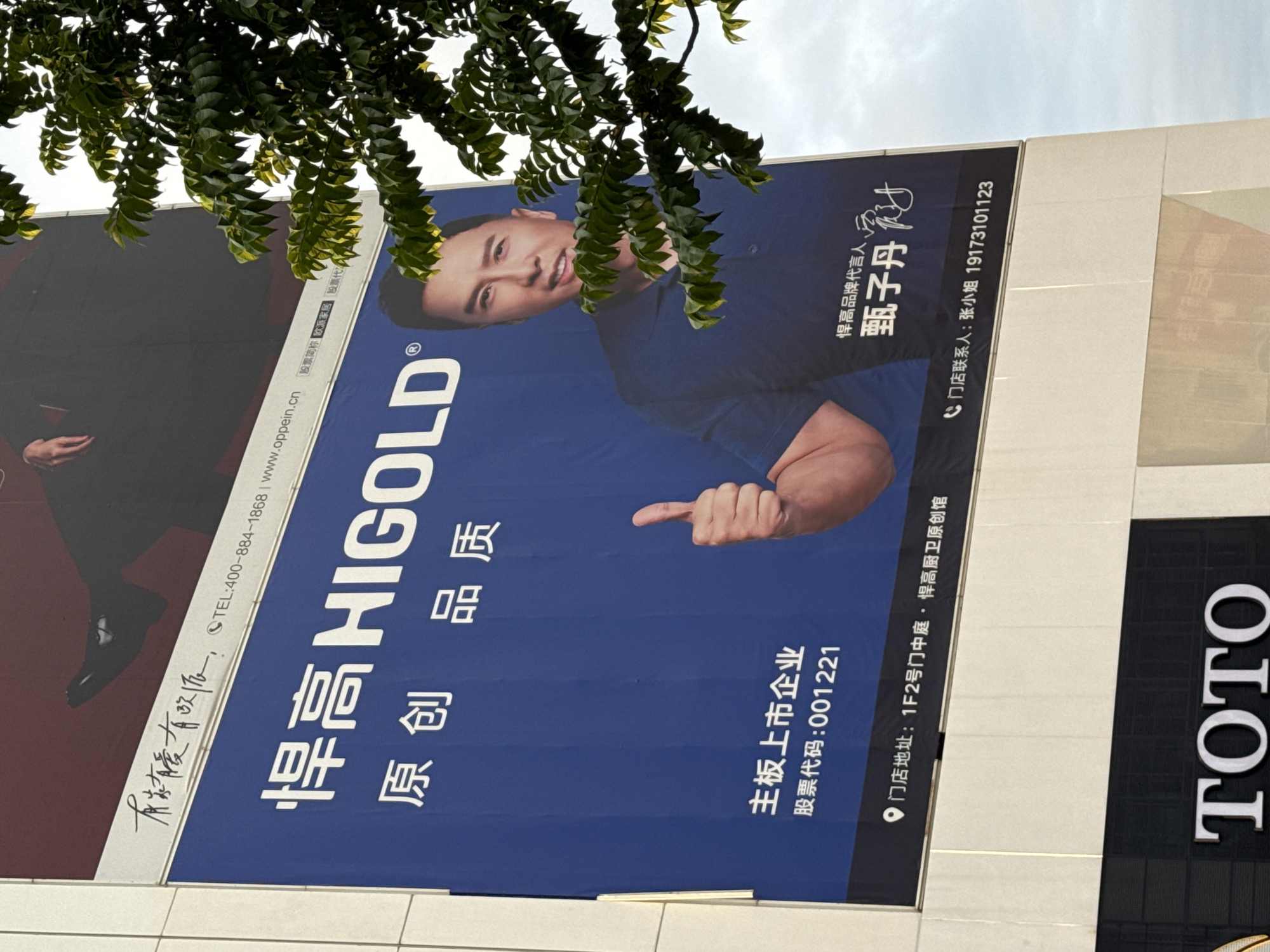 This is a photograph of a large billboard advertising HIGOLD. The billboard features a picture of Donnie Yen, a male celebrity, giving a thumbs-up. The billboard has Chinese text on it, including the brand name "HIGOLD" and the slogan "Original Quality." It also lists a stock code and a store address. The billboard is mounted on the side of a building in Tianhe District, China. A tree with green leaves partially obscures the top right corner of the billboard. The bottom of the image shows another advertisement for "TOTO."