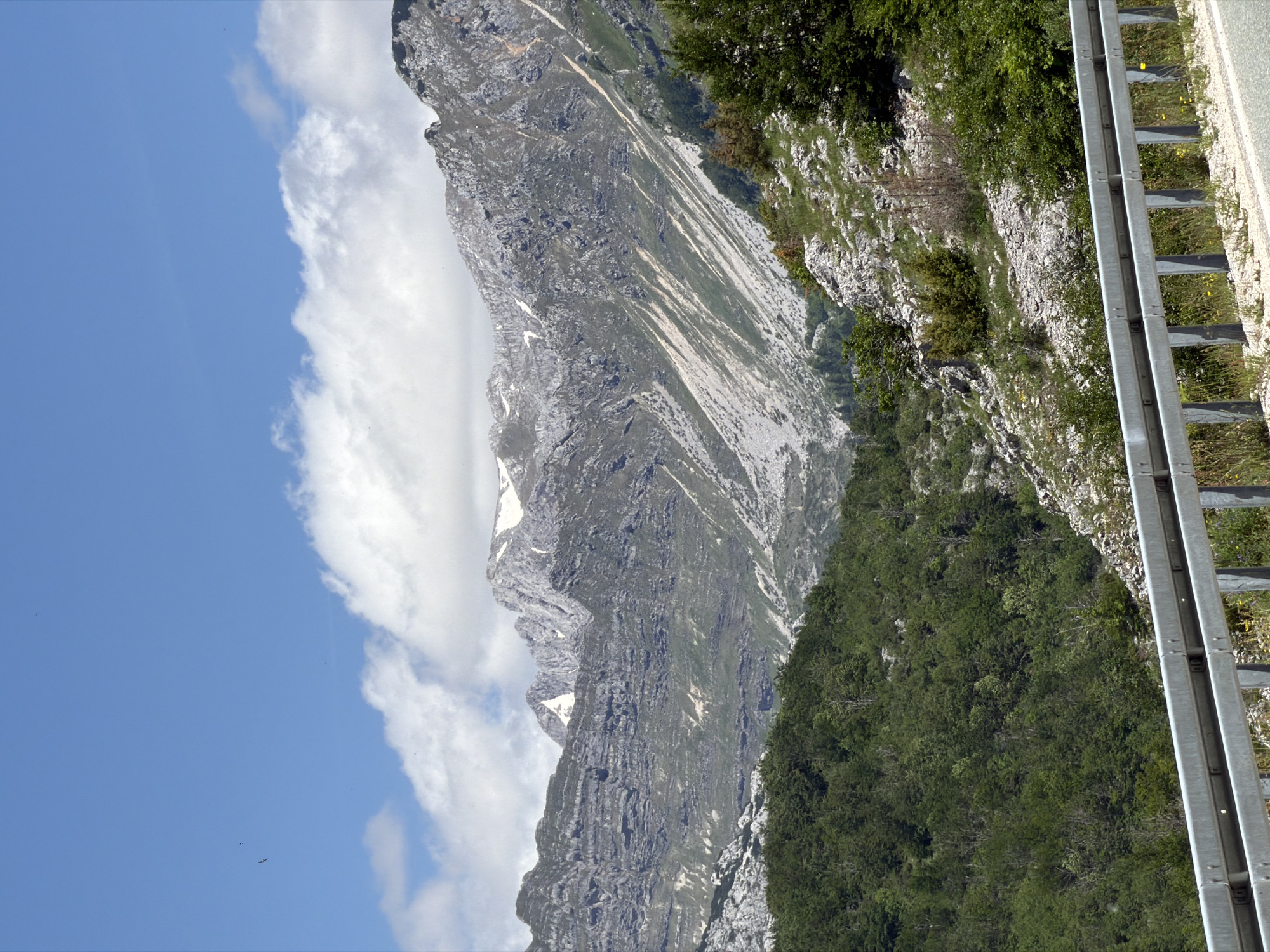 This image presents a majestic mountainous landscape, likely captured from a roadside vantage point in Šavnik, Montenegro. The scene is dominated by towering, rugged mountains under a clear blue sky.
In the immediate foreground, along the right side of the frame, a silver metal guardrail marks the edge of an asphalt road, a sliver of which is visible. Beyond the guardrail, the terrain slopes steeply downwards, covered by a dense canopy of dark green trees that extend across the lower and mid-slopes, indicating a thick forest.
Further into the background, the landscape transitions to grand, imposing mountains characterized by steep, rocky faces in shades of grey. Patches of white are visible on some of the higher peaks and slopes, suggesting either lingering snow or light-colored rock formations. The rock surfaces display varied textures, from smooth scree to deeply fissured cliffs.
The sky occupies the upper portion of the image, a vibrant blue adorned with large, fluffy white cumulus clouds, primarily concentrated towards the center-left. The bright, clear lighting indicates that the photograph was taken during daytime, likely late morning or early afternoon, under favorable weather conditions. No people or discernible text are visible in the image. The overall impression is one of natural beauty, vastness, and serenity.