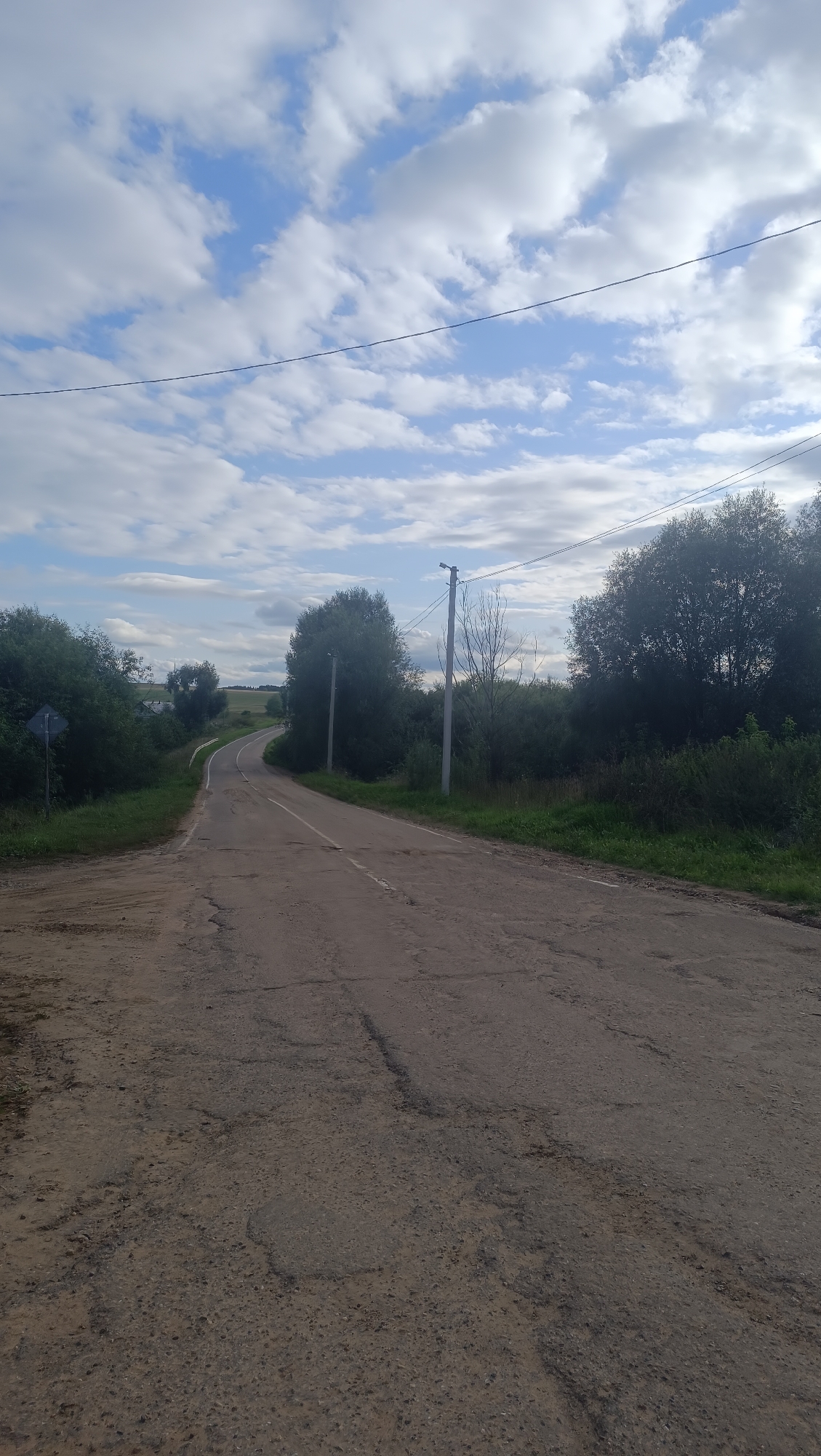 A rural paved road curves through a landscape with trees and fields under a cloudy sky. The road surface shows signs of wear, with cracks and patches. Several utility poles with overhead wires are visible along the roadside. A traffic sign is present on the left side of the road near the foreground. The environment suggests a potentially remote or sparsely populated area. The location is identified as Karsha, Russia.