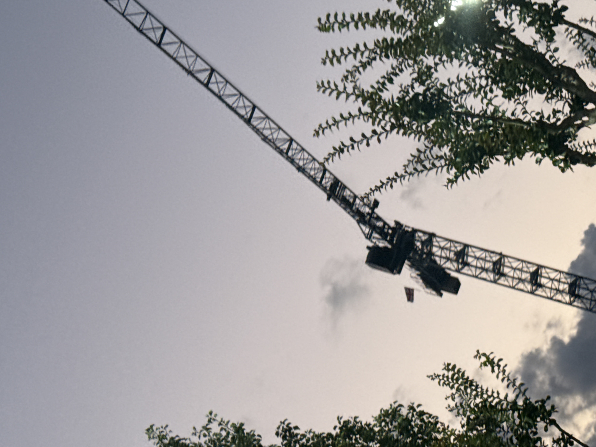 A construction crane dominates the frame, its dark metal structure silhouetted against a pale, overcast sky. The crane is positioned diagonally, extending from the lower right corner towards the upper left. On the main mast of the crane, a small red and white flag is visible. To the left of the crane, a portion of a leafy green tree with dark branches is in focus, its foliage obscuring parts of the sky and the lower section of the crane. In the lower left, dark, cloudy patches drift across the sky. The overall scene suggests an outdoor construction site, possibly in Tbilisi, Georgia, under a muted, possibly twilight, sky.