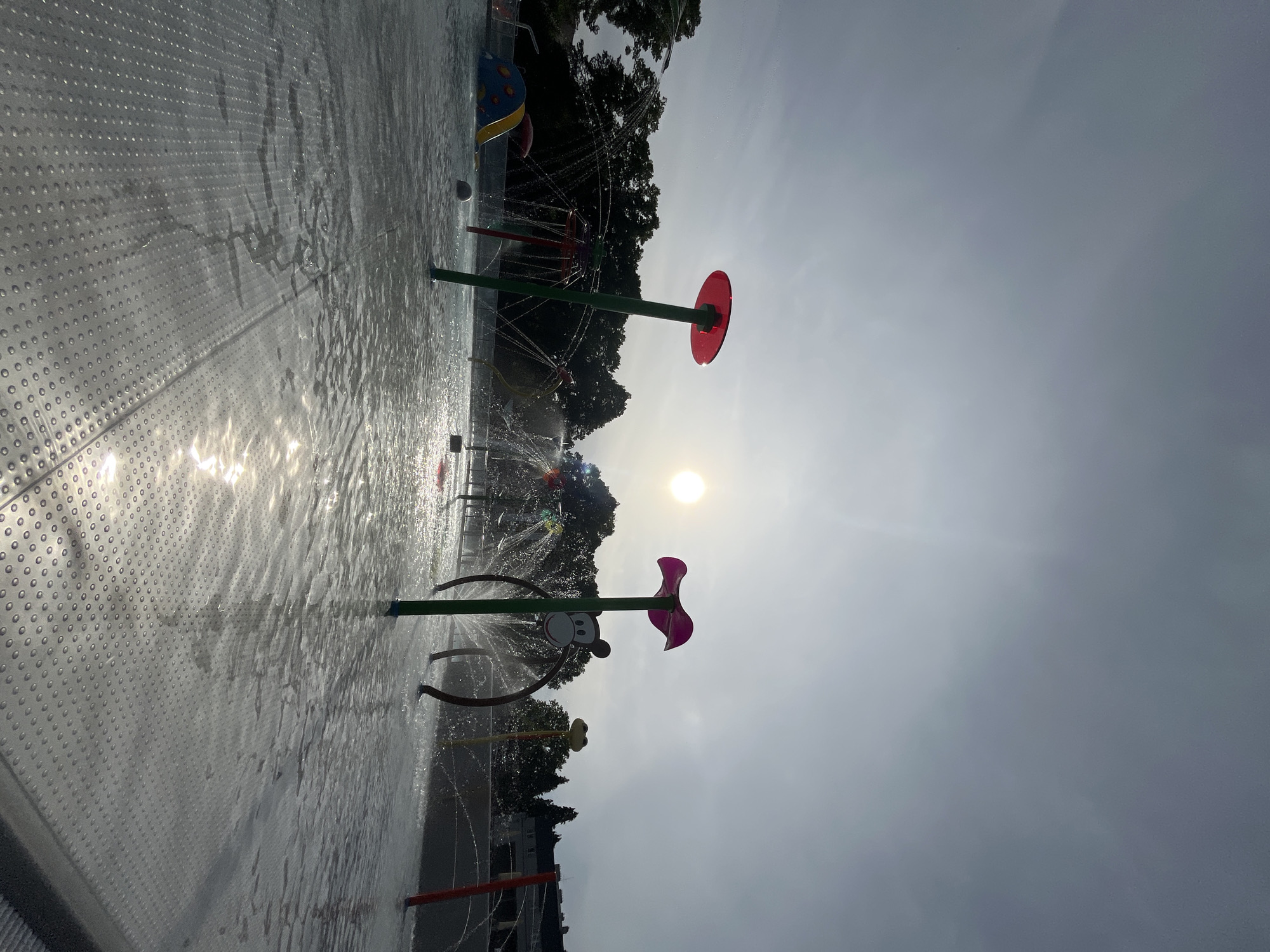 This media file captures an outdoor water play area, commonly known as a splash pad, under bright, backlighting conditions. The image is oriented vertically (rotated 90 degrees clockwise from its original capture).
The scene features multiple colorful water play structures. In the midground, a green pole with a prominent red, circular disc at its top is visible. To its left, another green pole displays a cartoon monkey face with pink/purple petal-like shapes at the top, from which water is actively spraying in arcs. Other, less distinct colorful water features are scattered in the background, also appearing to spray water.
The ground surface of the splash pad is visibly wet, with shallow water reflecting the sunlight and creating ripples. The surface itself is a light, textured material with a regular pattern of raised bumps, likely for traction.
In the background, a line of dark green trees forms a natural boundary behind the play equipment. The sky occupies a large portion of the frame, particularly on the right side, appearing bright and somewhat hazy. The sun is clearly visible as a bright orb on the right side of the image, causing significant lens flare and strong highlights on the spraying water. The low angle and intense backlight suggest the time of day is either early morning or late afternoon.
No people are visible in the scene, and there is no discernible text within the image.