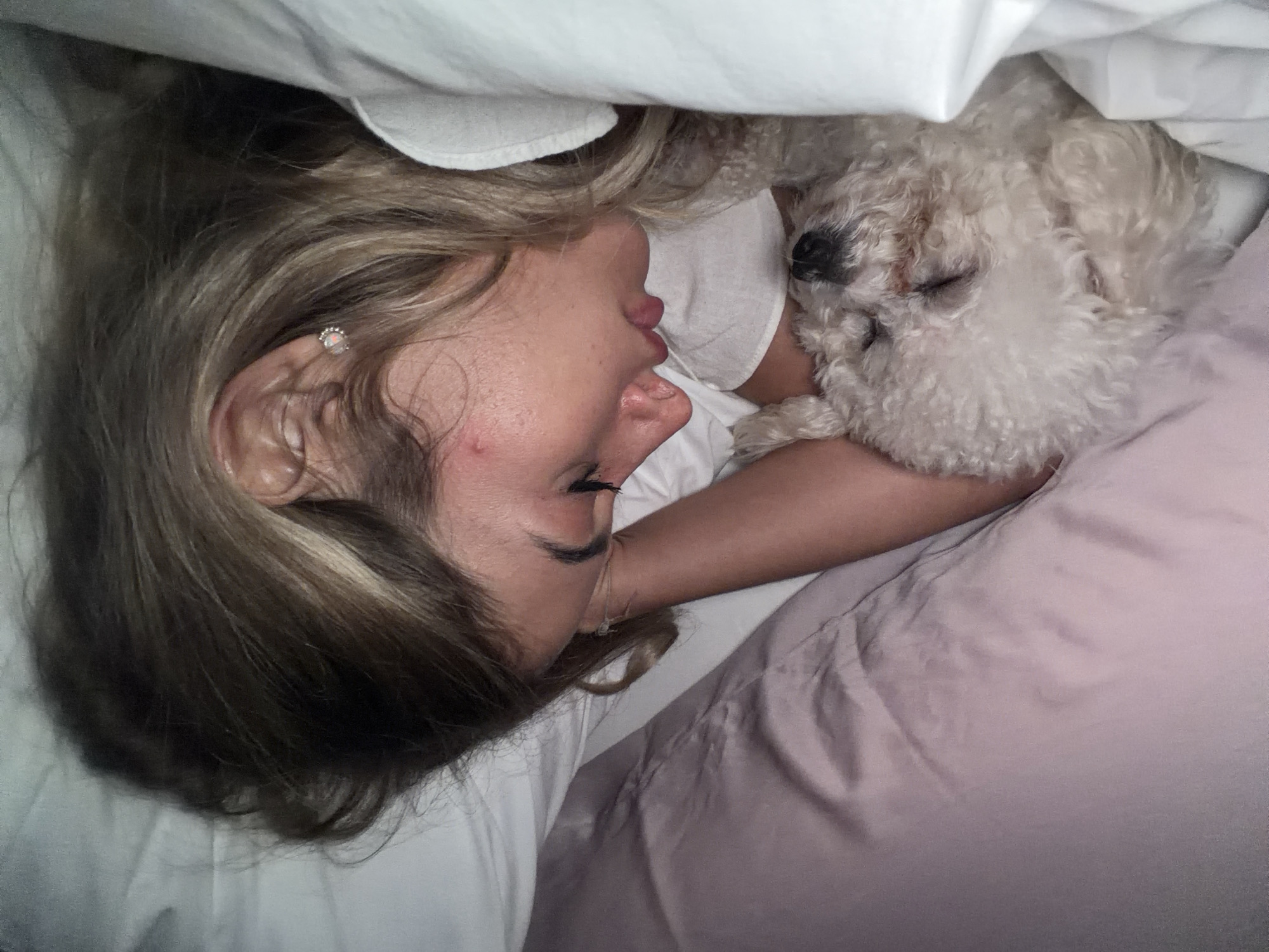 A fair-skinned woman and a white Bichon Frise dog are depicted sleeping together in a bed covered with white and pink bedding. The woman, lying on her side with her face exposed, has shoulder-length brown and blonde hair. An earring is visible in her left ear. The dog, nestled close to the woman, is also sleeping. The lighting appears to be dim, suggesting an indoor setting, specifically a bedroom. There is no indication of a location in Kedewatan, Indonesia.