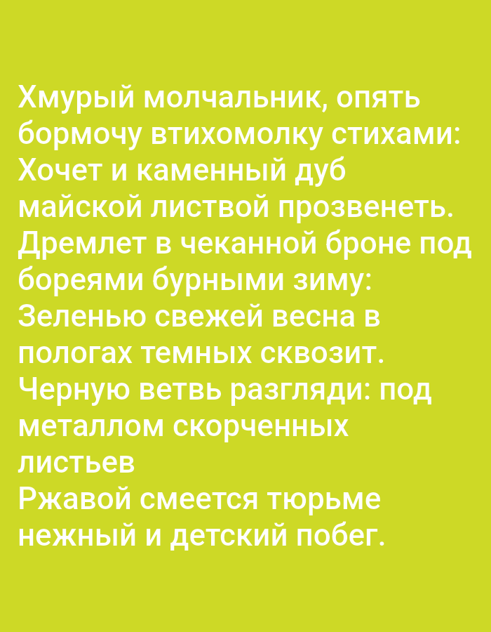 This is a photograph of a text overlay on a plain, light green background. The text is in white and appears to be a poem or song lyrics written in Russian. The text is arranged in several lines, with each line starting further to the right than the previous one. There is no discernible location in Tallinn, Estonia, or any other specific geographic information within the image. The content of the text itself is descriptive, with phrases like "somber silent one," "muttering quietly in verses," and "willow's fresh spring."